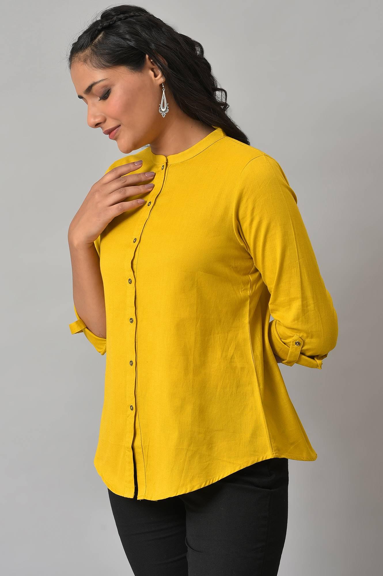 W for Woman Yellow Cotton Flax Button Down Western Top  Grab2Buy WforWoman Grab2Buy