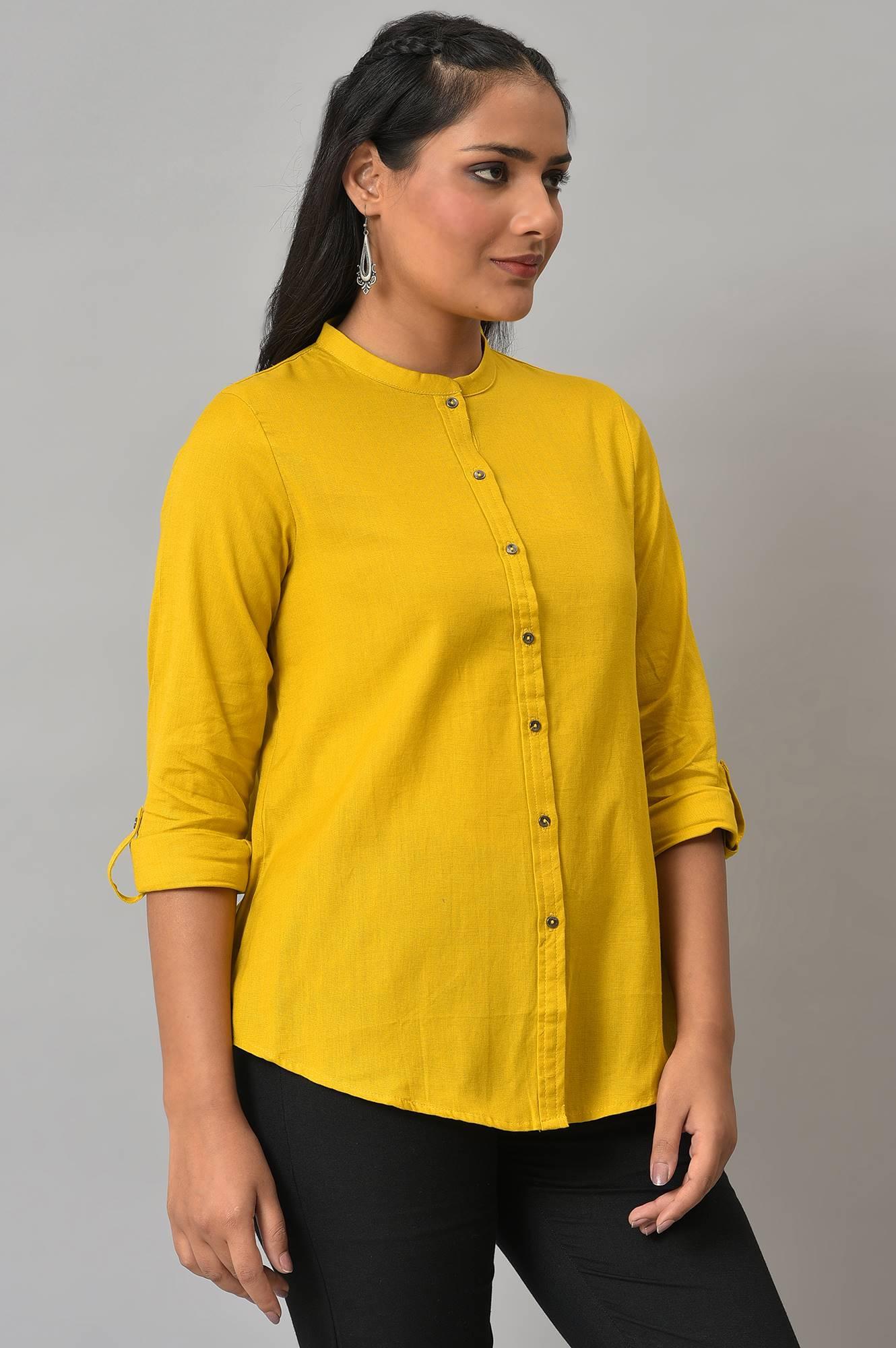 W for Woman Yellow Cotton Flax Button Down Western Top  Grab2Buy WforWoman Grab2Buy