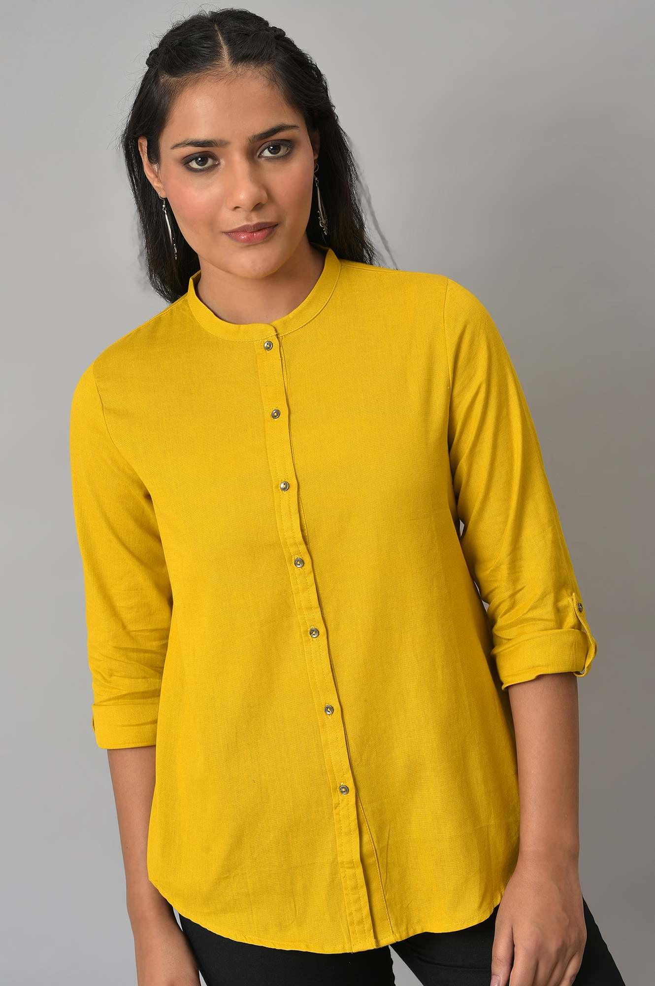 W for Woman Yellow Cotton Flax Button Down Western Top  Grab2Buy WforWoman Grab2Buy