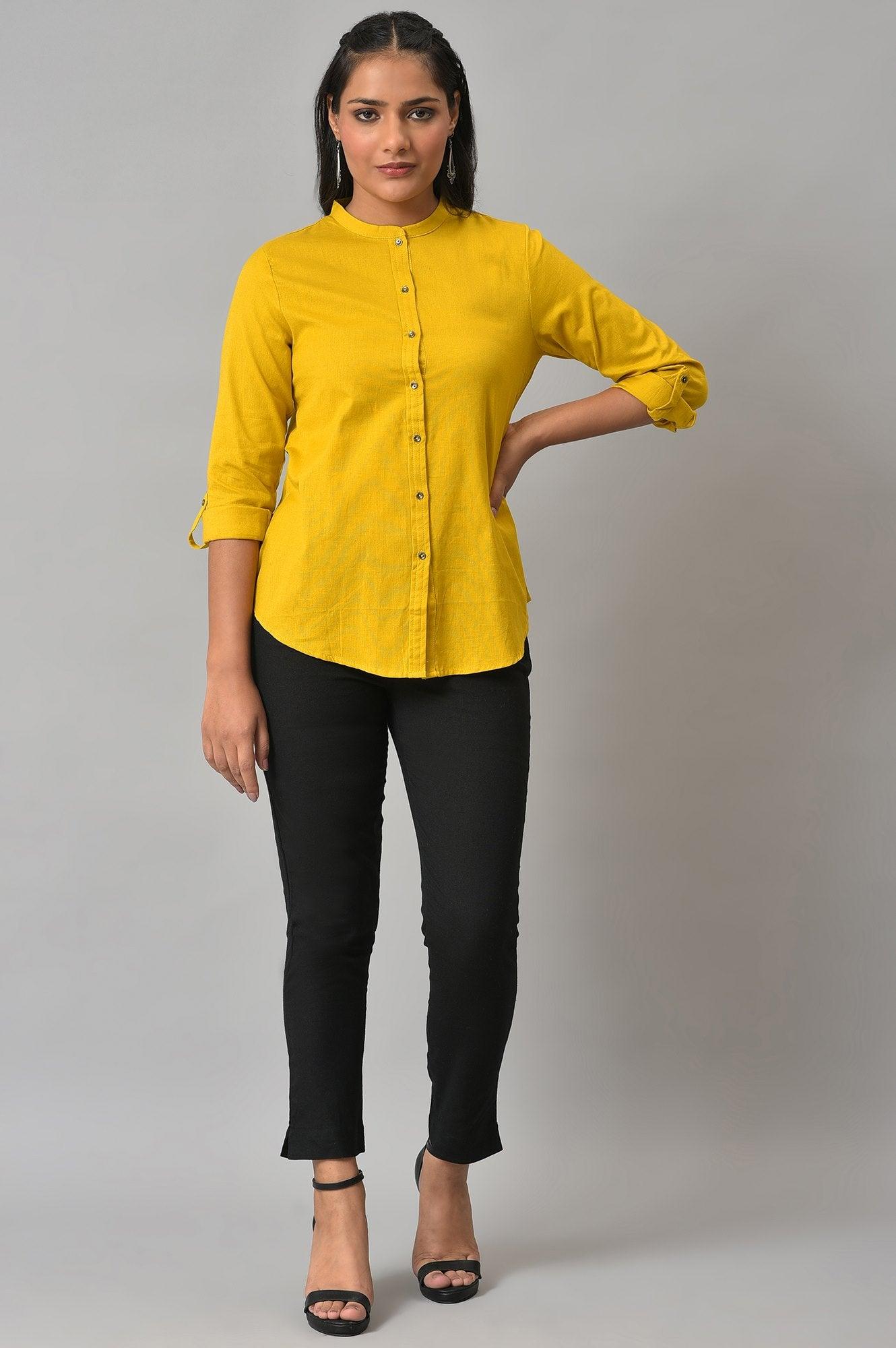 W for Woman Yellow Cotton Flax Button Down Western Top  Grab2Buy WforWoman Grab2Buy