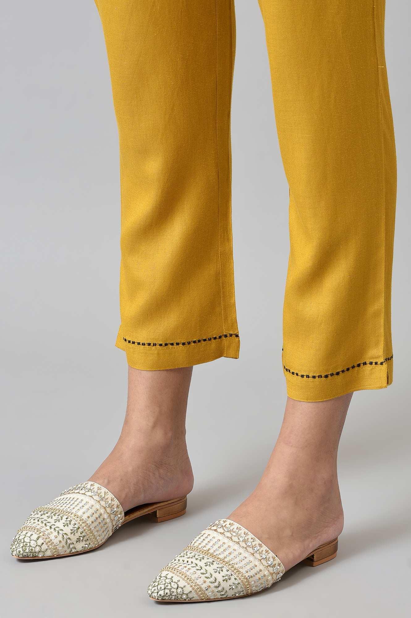 W for Woman Yellow Embroidered Straight Pants  Grab2Buy WforWoman Grab2Buy