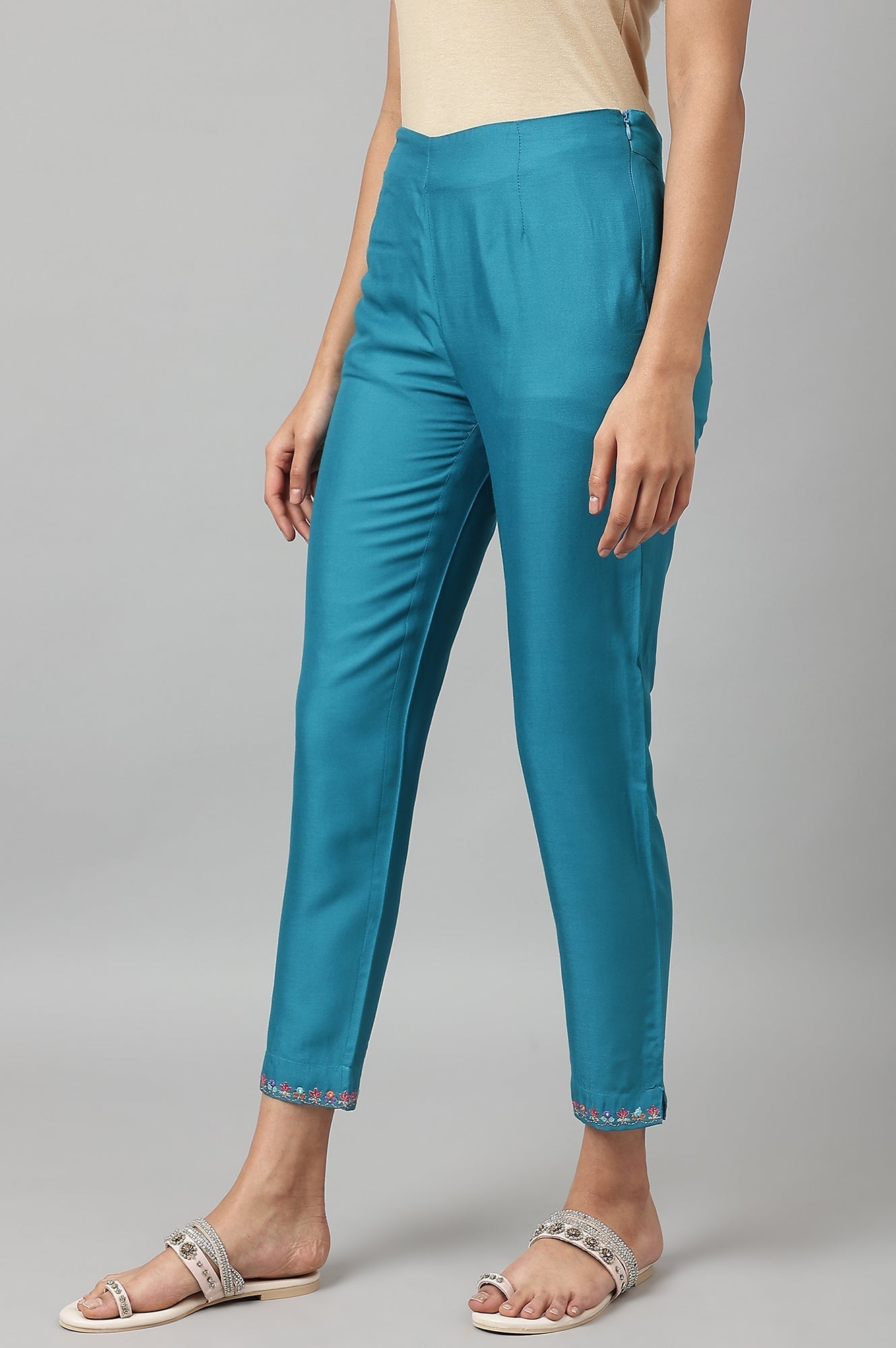 W for Woman Teal Embroidered Slim Pants