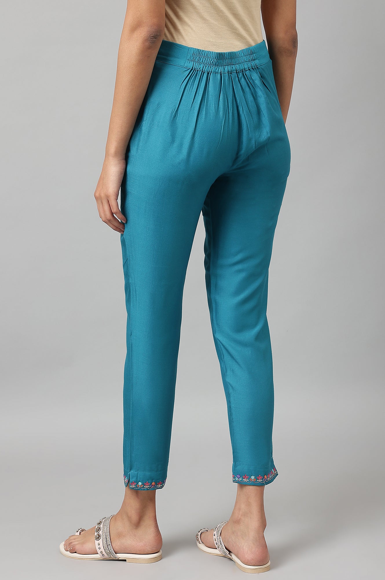 W for Woman Teal Embroidered Slim Pants