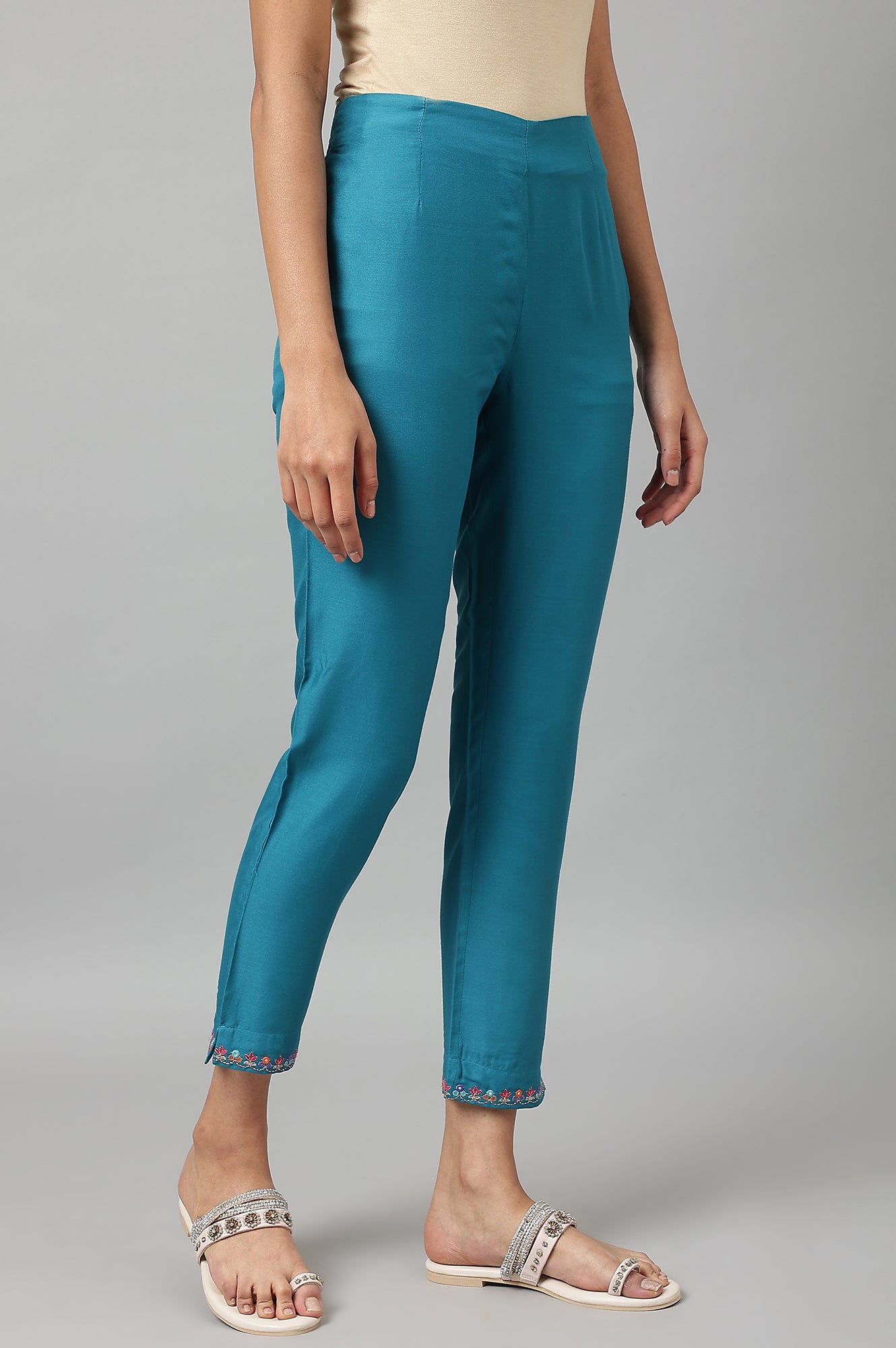 W for Woman Teal Embroidered Slim Pants