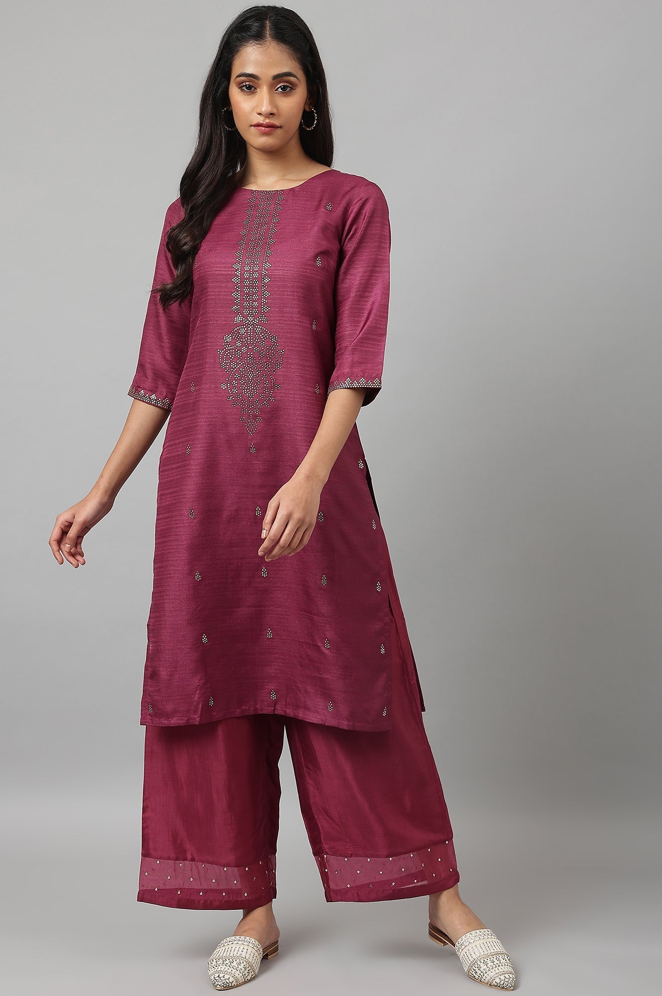 W for Woman Purple Shantung Straight Parallel Pants