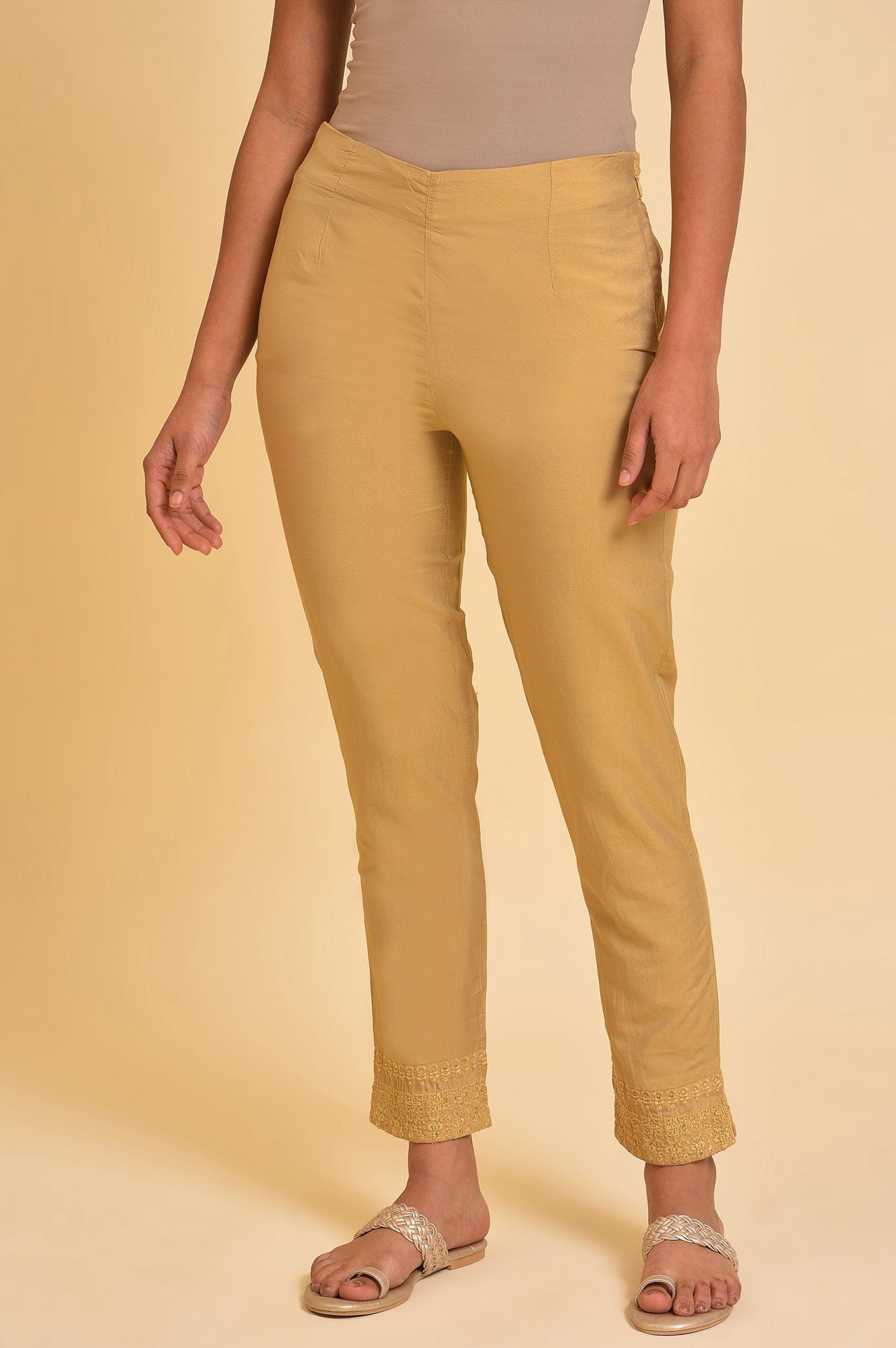 W for Woman Gold Solid Light Festive Slim Pants