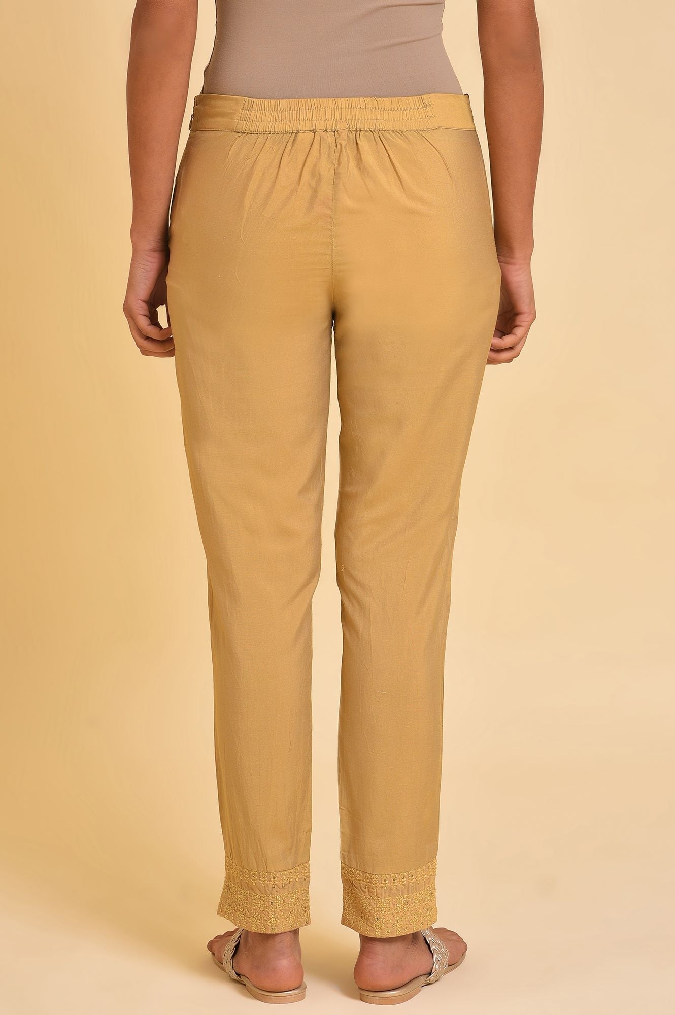 W for Woman Gold Solid Light Festive Plus Size Slim Pants