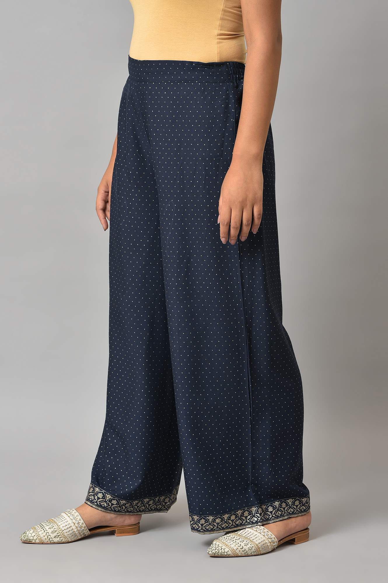 W for Woman Dark Blue Polka Dots Printed Shantung A-Line Kurta with Parallel Pant Set