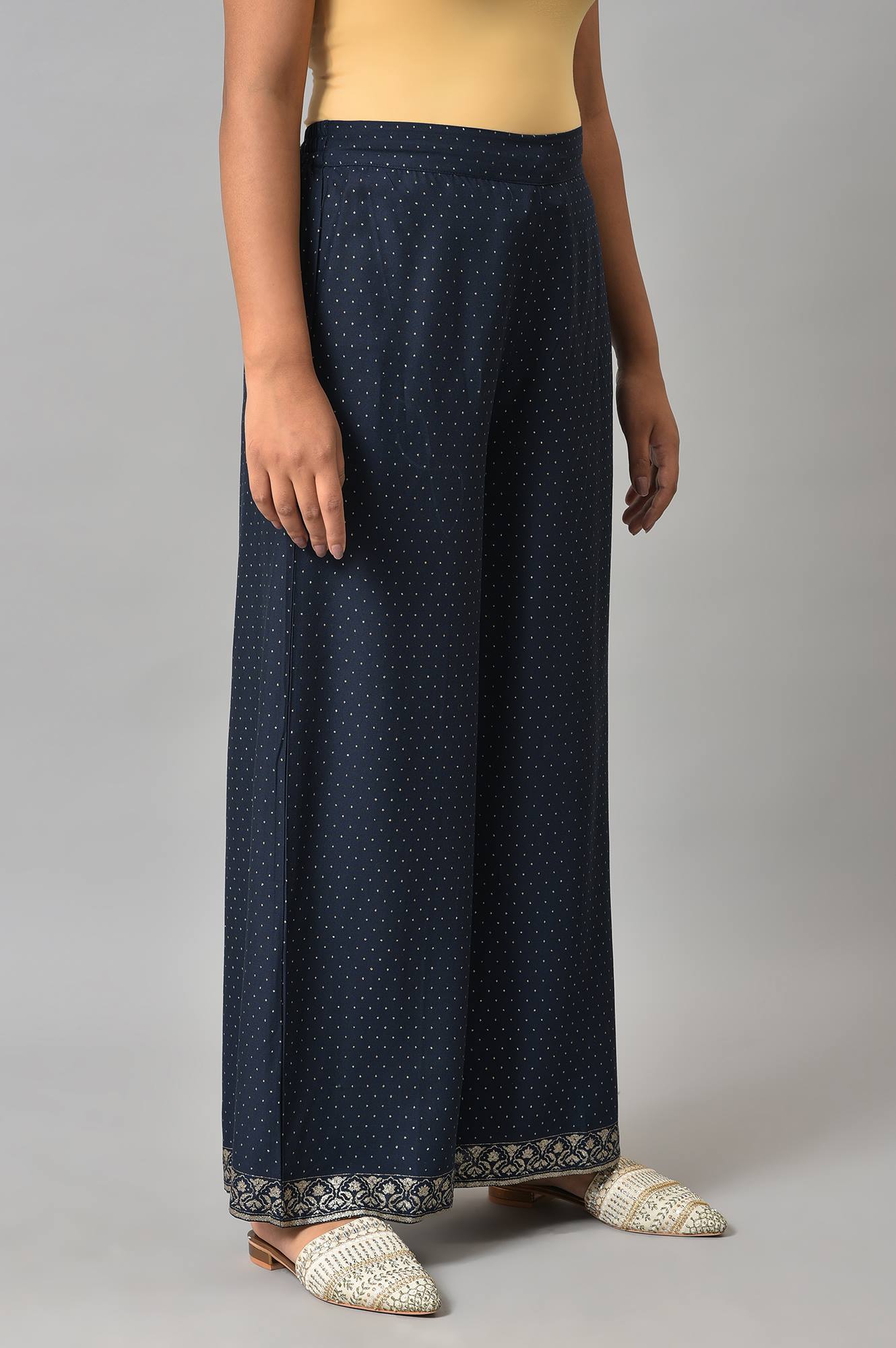 W for Woman Navy Blue Glitter Printed Parallel Pants