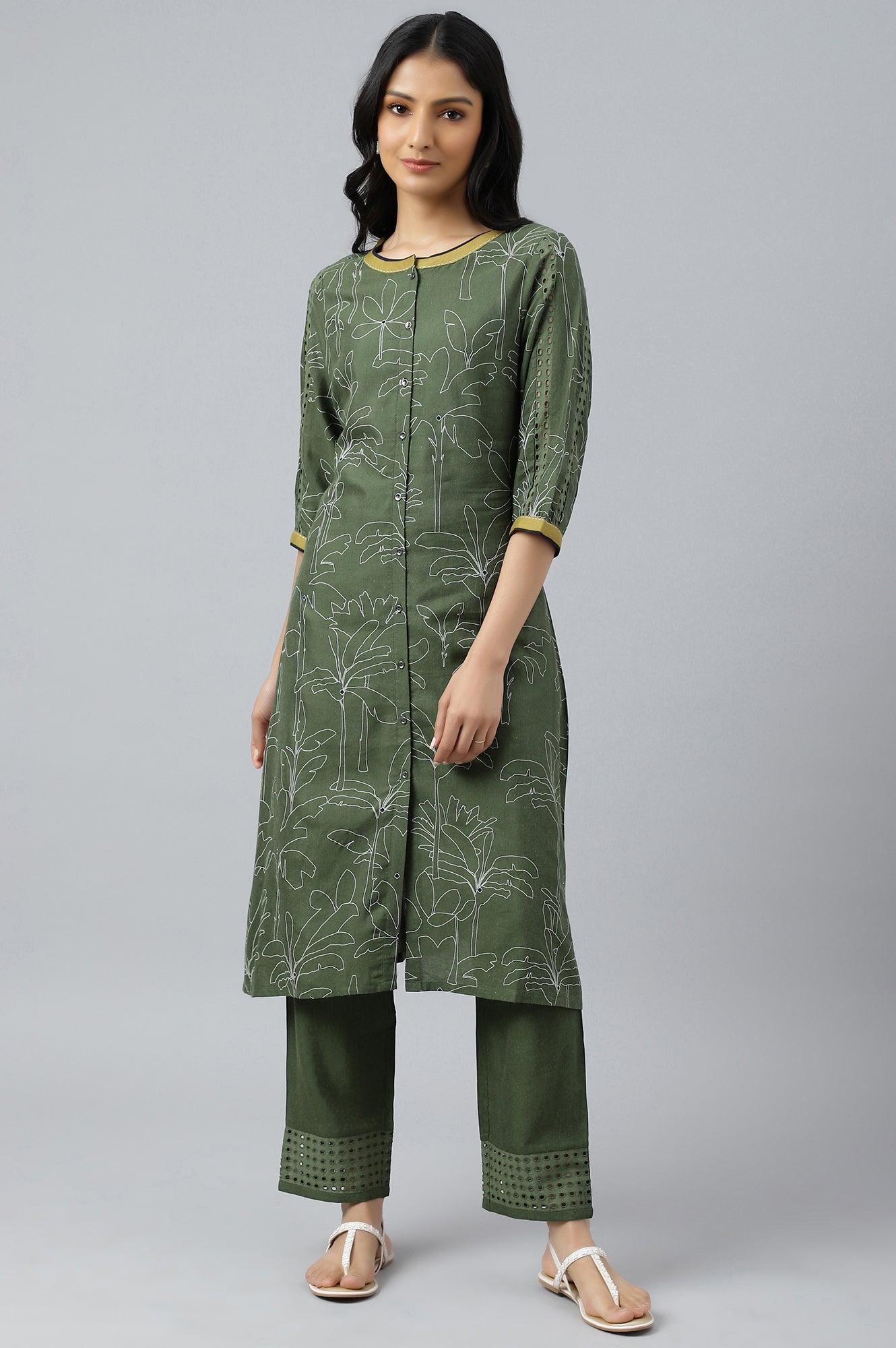 W for Woman Dark Green A-Line Gathered kurta With Straight Pants