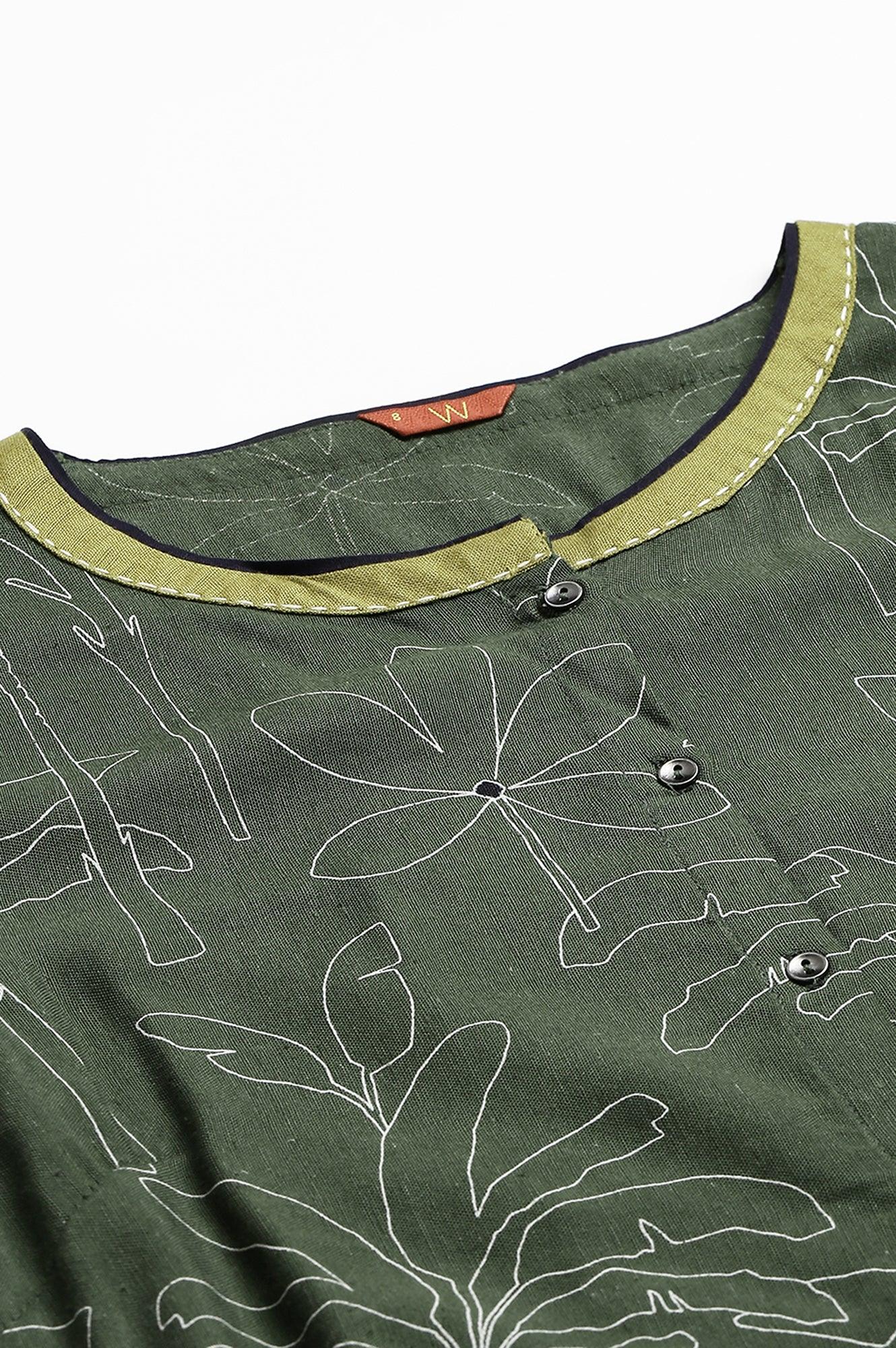 W for Woman Dark Green A-Line Gathered kurta With Straight Pants