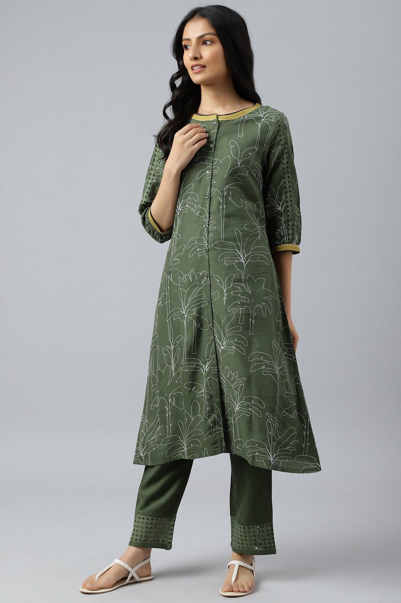W for Woman Dark Green A-Line Gathered kurta With Straight Pants