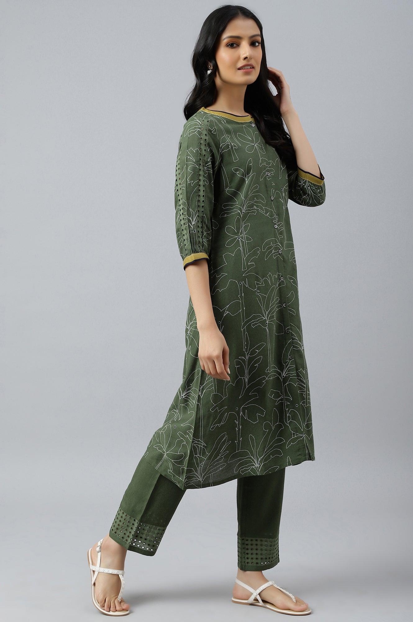 W for Woman Dark Green A-Line Gathered kurta With Straight Pants