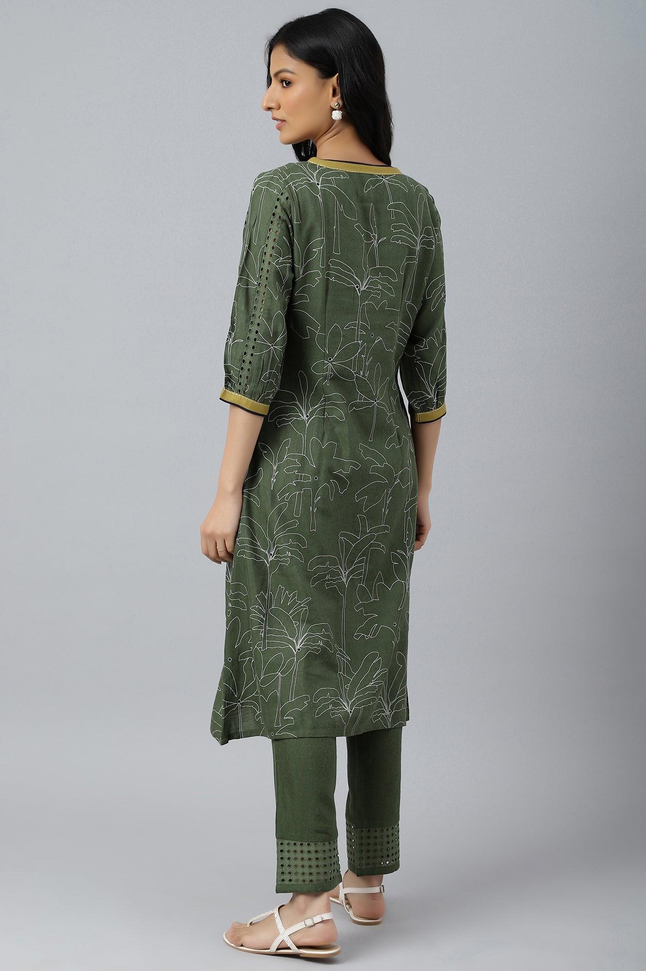 W for Woman Dark Green A-Line Gathered kurta With Straight Pants