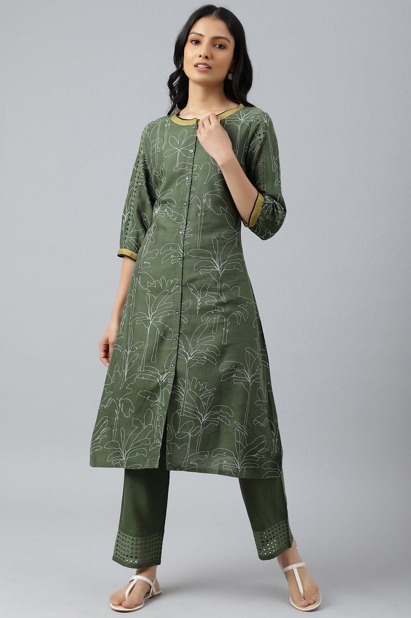 W for Woman Dark Green A-Line Gathered kurta With Straight Pants