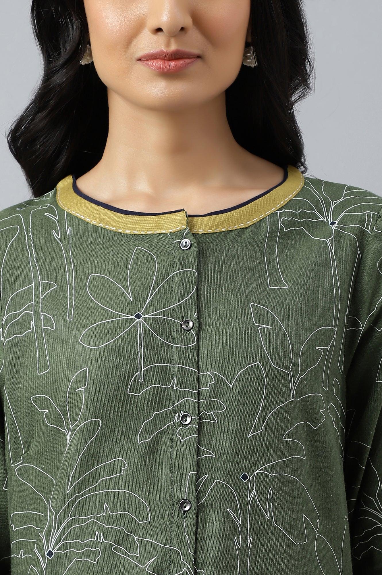 W for Woman Dark Green A-Line Gathered kurta With Straight Pants