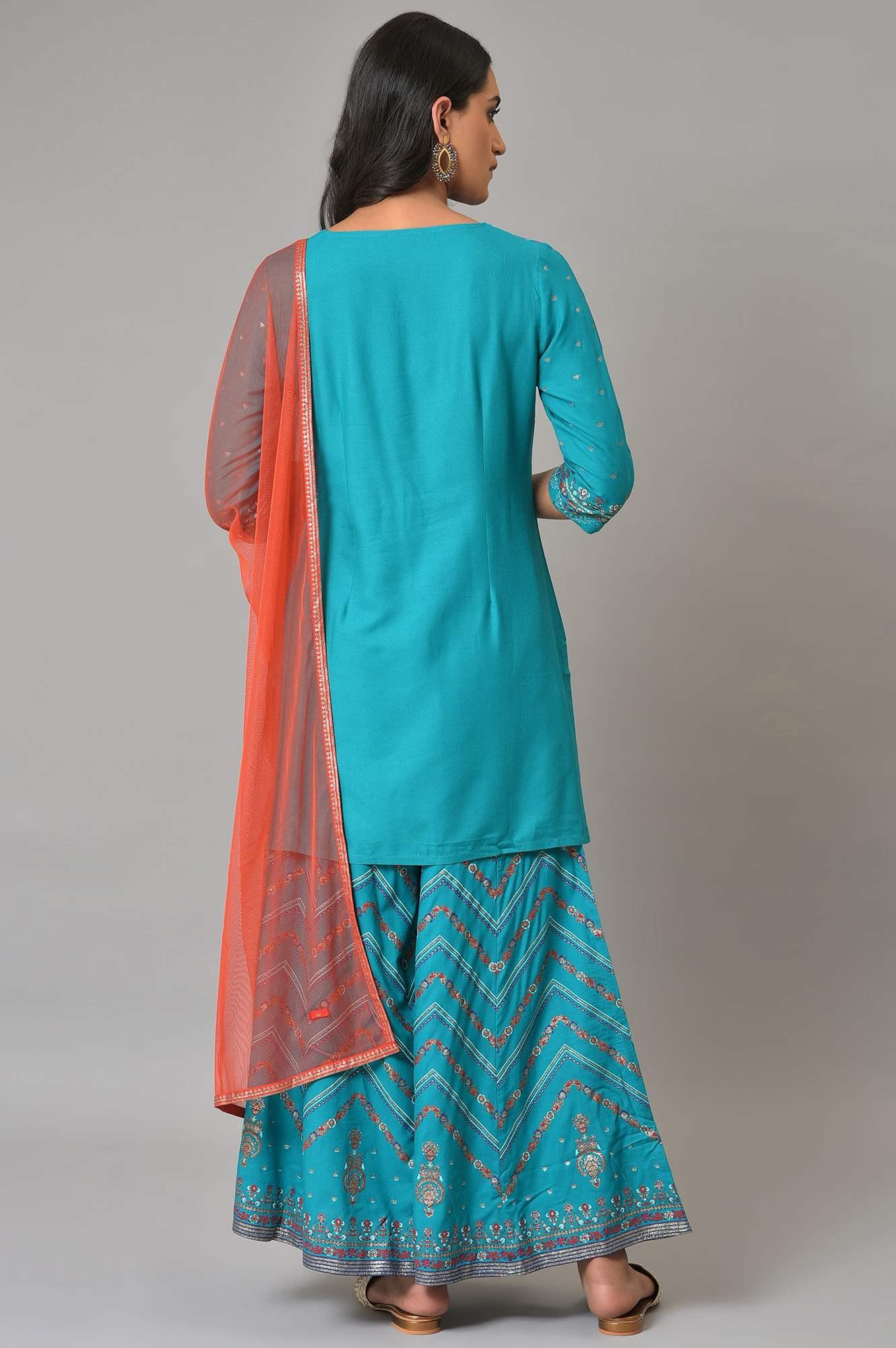 W for Woman Teal Blue Festive kurta With Sharara And Orange Mesh Dupatta