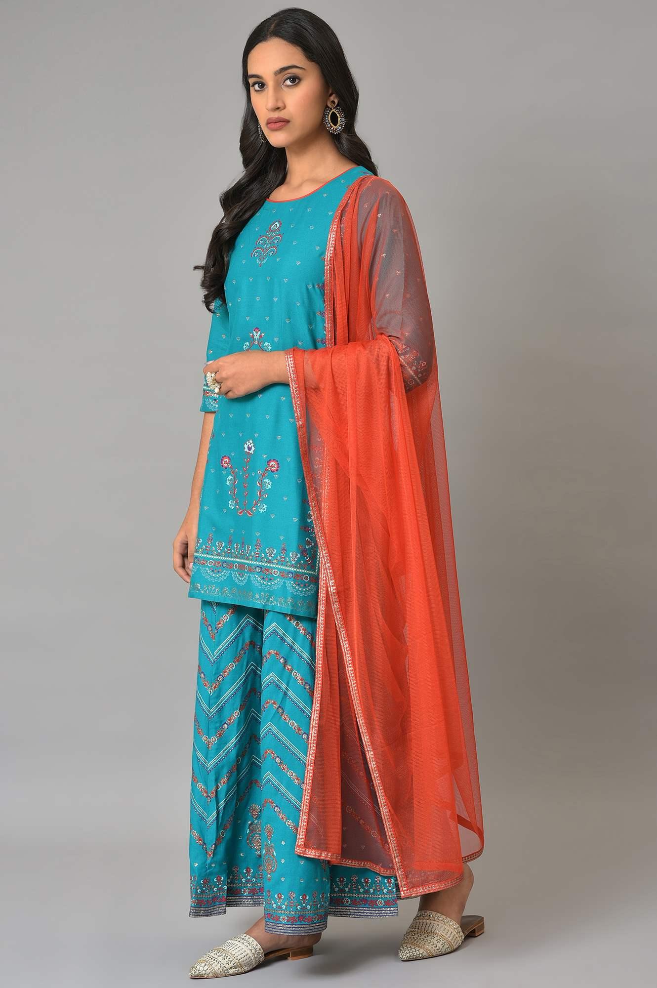 W for Woman Teal Blue Festive kurta With Sharara And Orange Mesh Dupatta