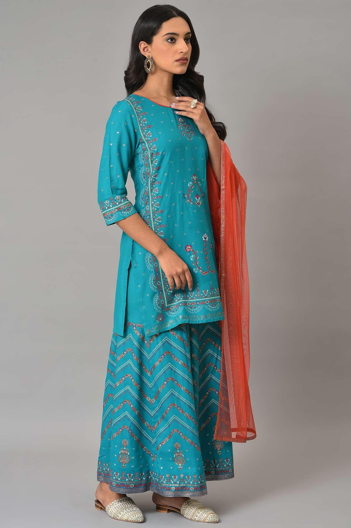 W for Woman Teal Blue Festive kurta With Sharara And Orange Mesh Dupatta