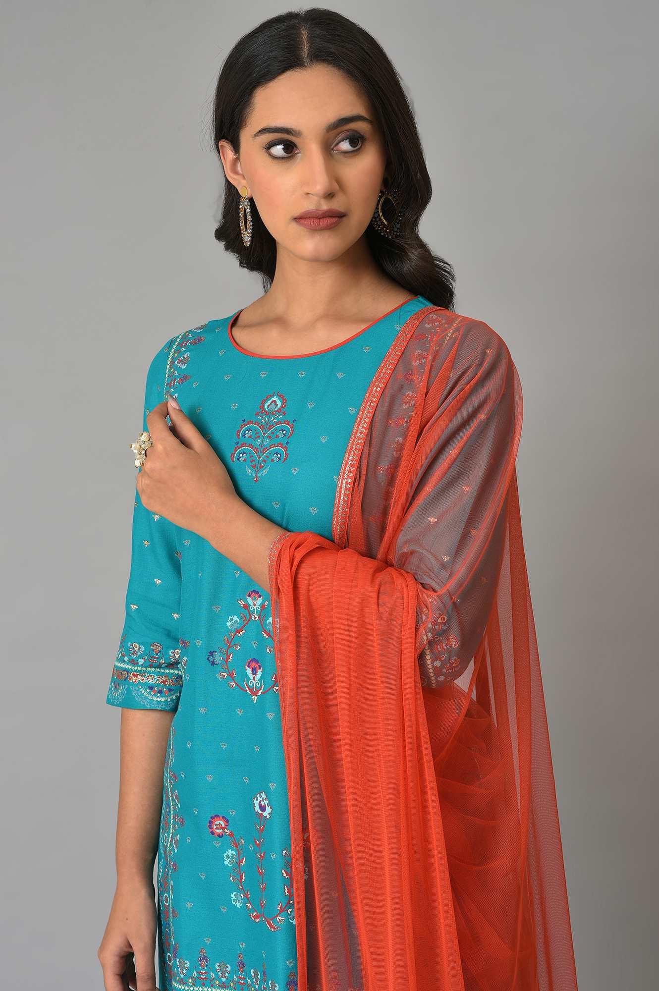 W for Woman Teal Blue Festive kurta With Sharara And Orange Mesh Dupatta