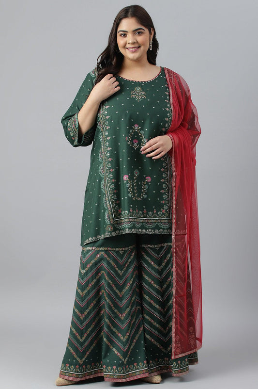W for Woman Plus Size Dark Green Glitter Floral Printed kurta With Sharara Pants And Pink Dupatta