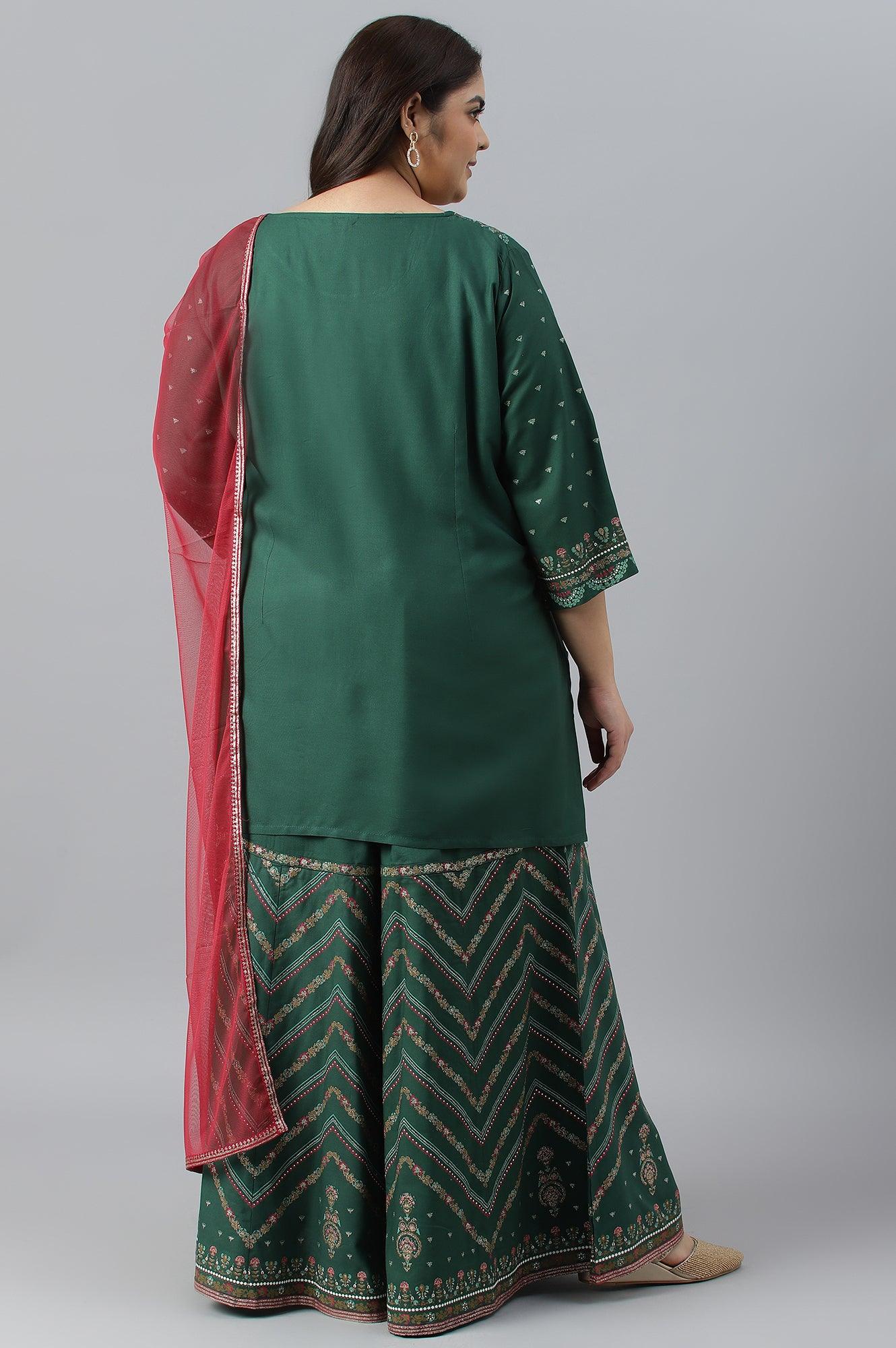 W for Woman Plus Size Dark Green Glitter Floral Printed kurta With Sharara Pants And Pink Dupatta