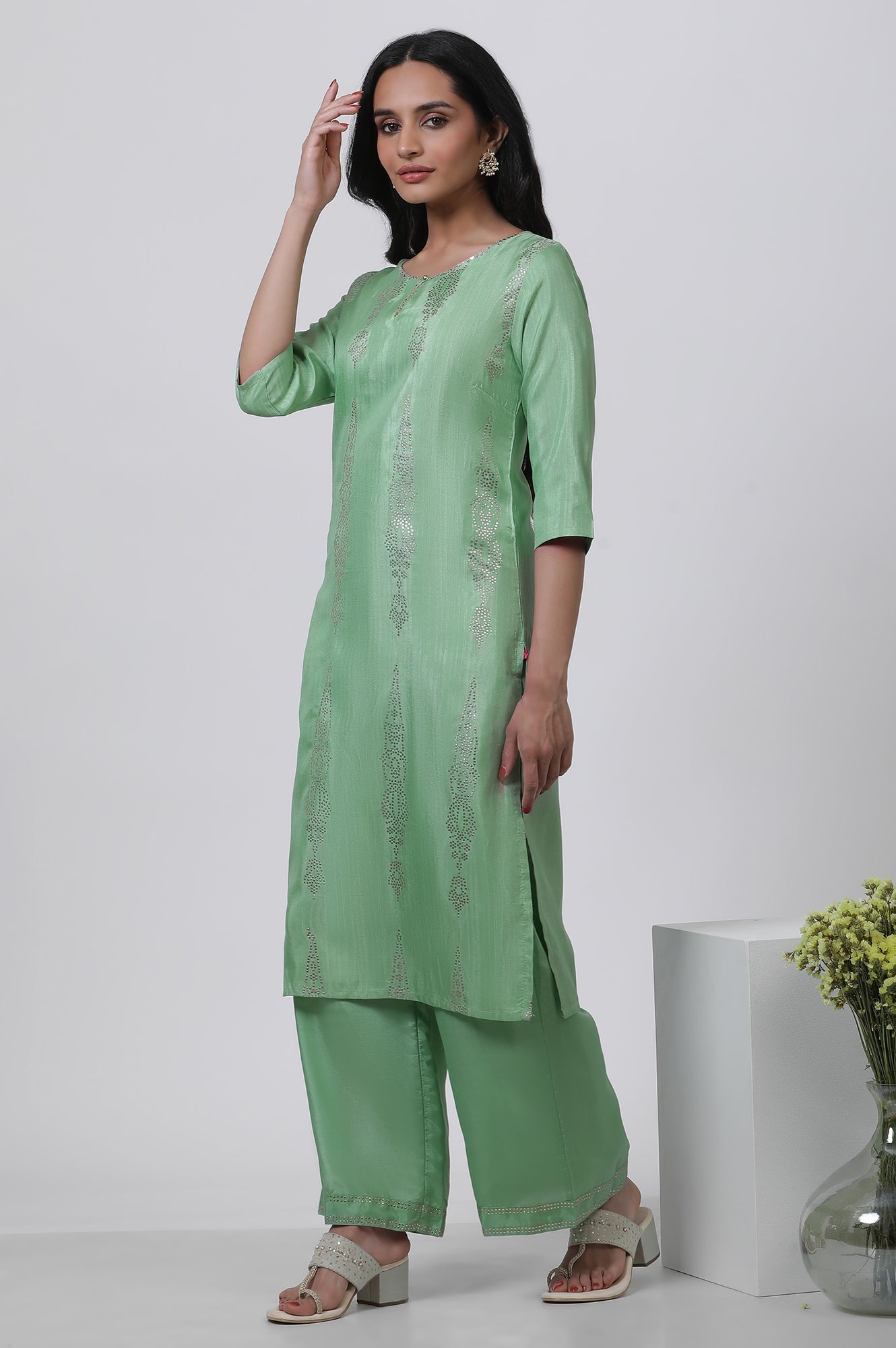 W for Woman Pistachio Green Mukaish Kurta And Pants Set