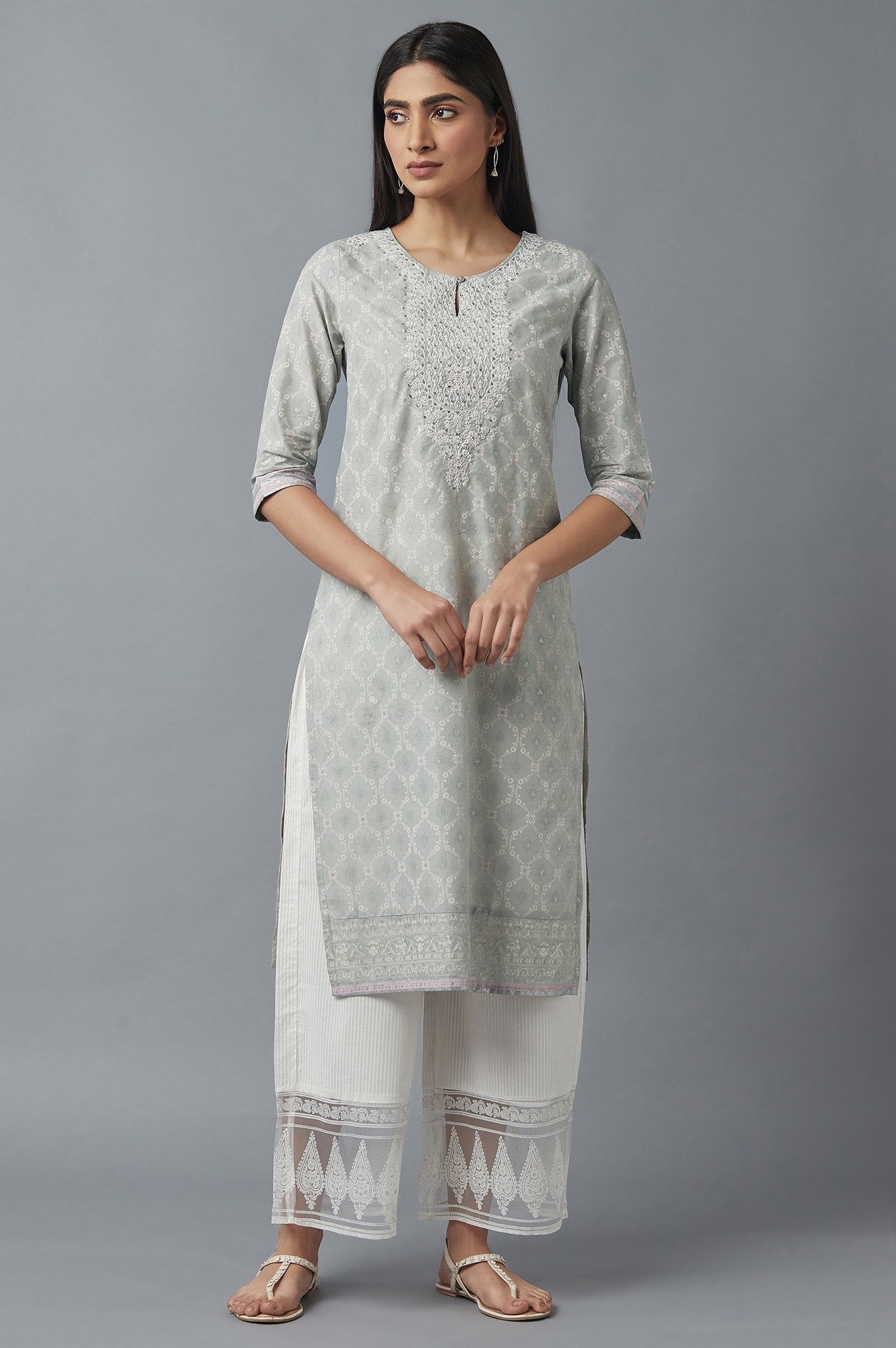 W for Woman Pista Green Printed kurta with Embroidery