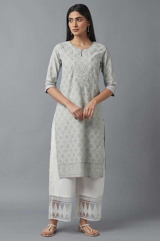 W for Woman Pista Green Printed kurta with Embroidery