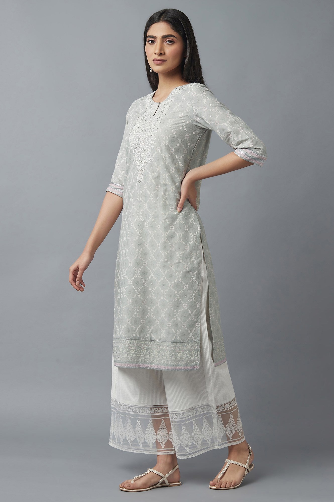 W for Woman Pista Green Printed kurta with Embroidery