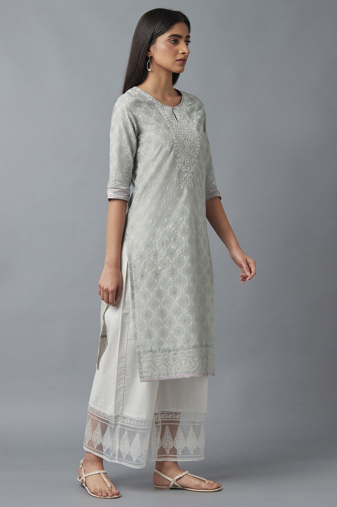 W for Woman Pista Green Printed kurta with Embroidery