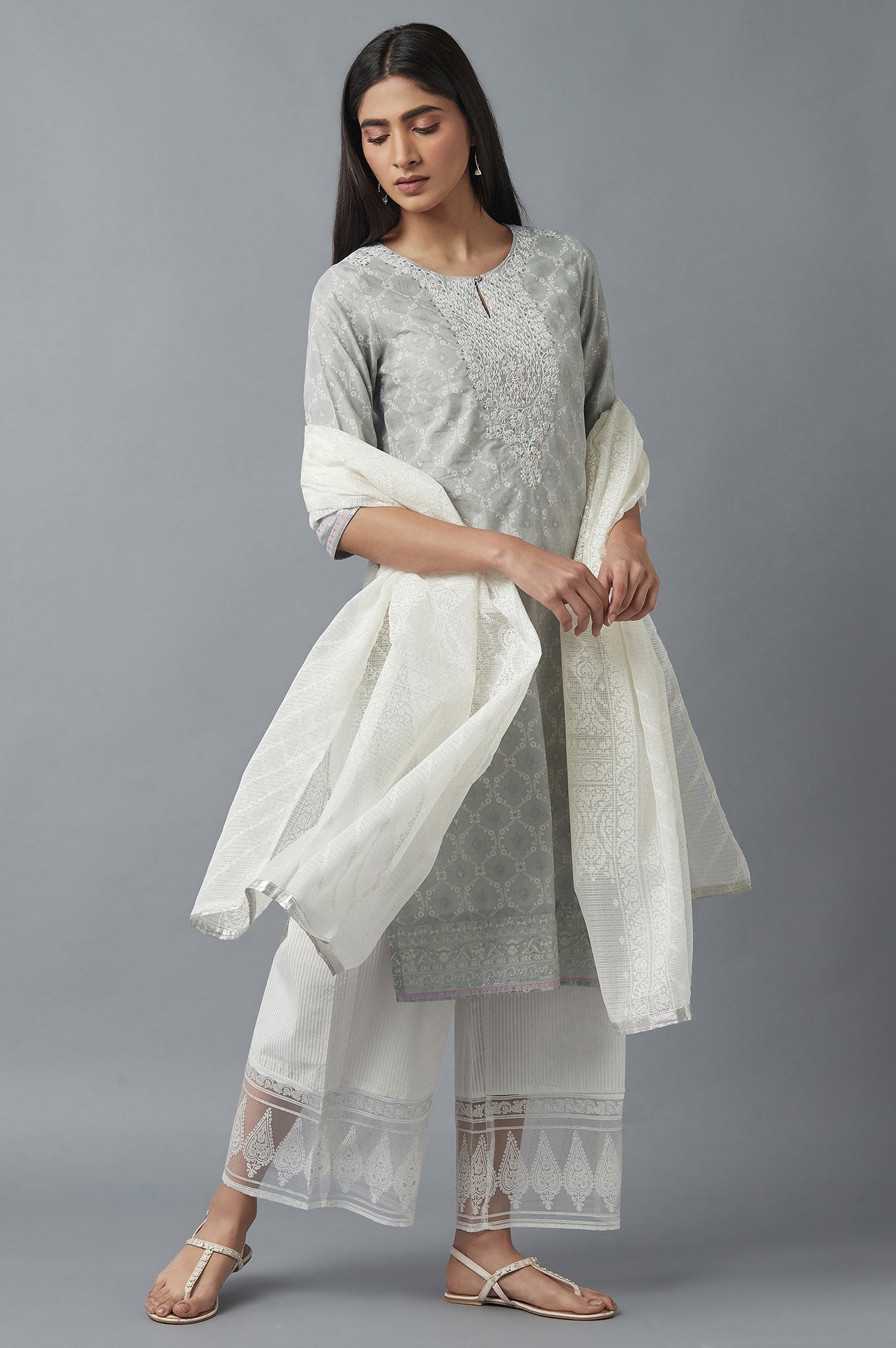 W for Woman Pista Green Printed kurta with Embroidery