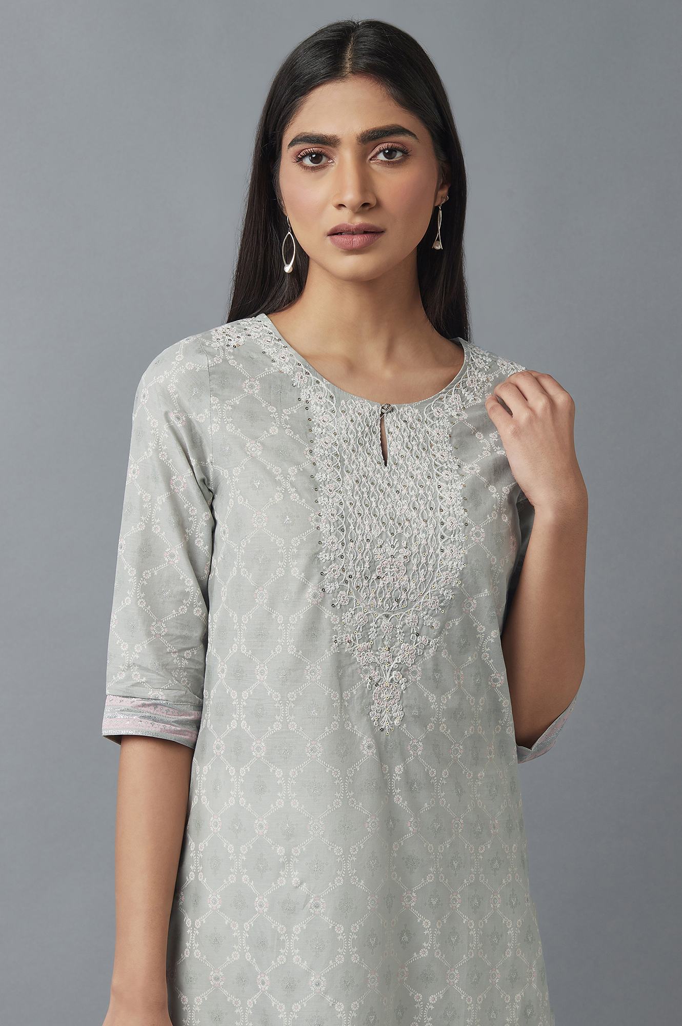 W for Woman Pista Green Printed kurta with Embroidery