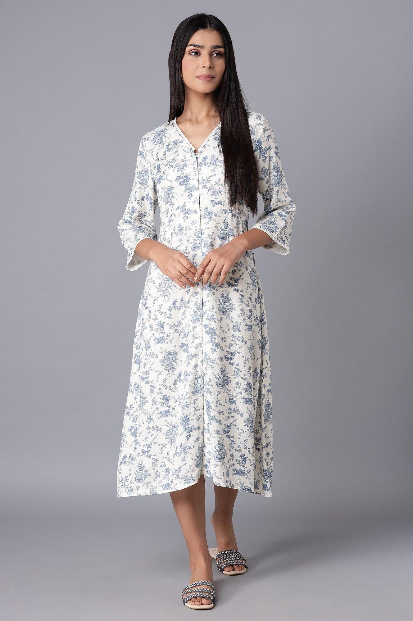W for Woman White Cotton Midi Dress with Blue Print  Grab2Buy WforWoman Grab2Buy