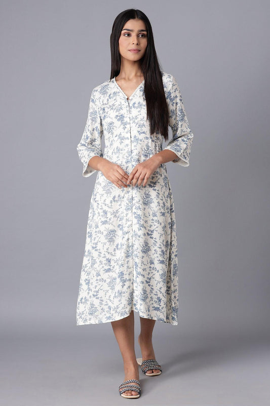 W for Woman White Cotton Midi Dress with Blue Print  Grab2Buy WforWoman Grab2Buy