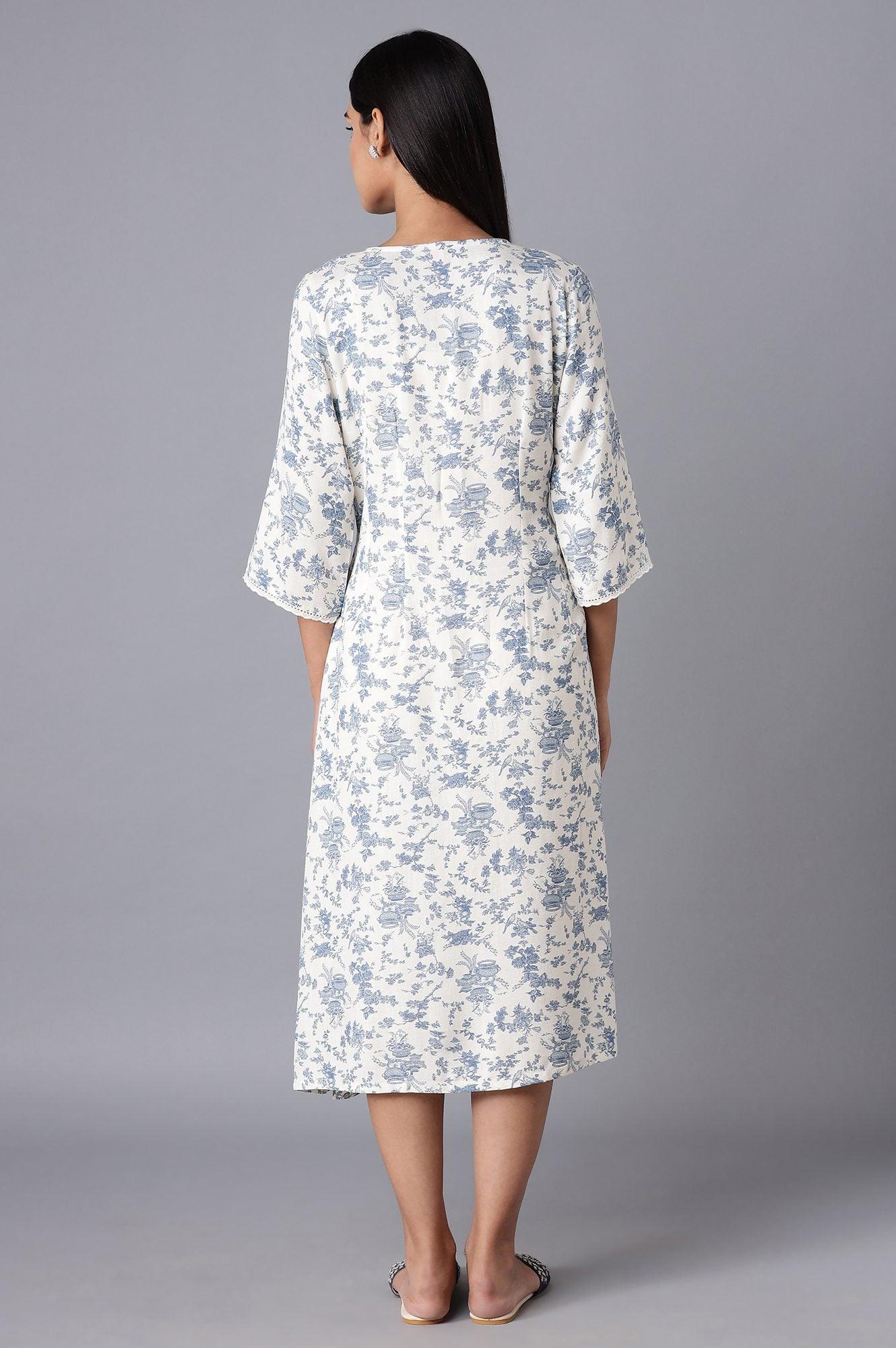 W for Woman White Cotton Midi Dress with Blue Print  Grab2Buy WforWoman Grab2Buy