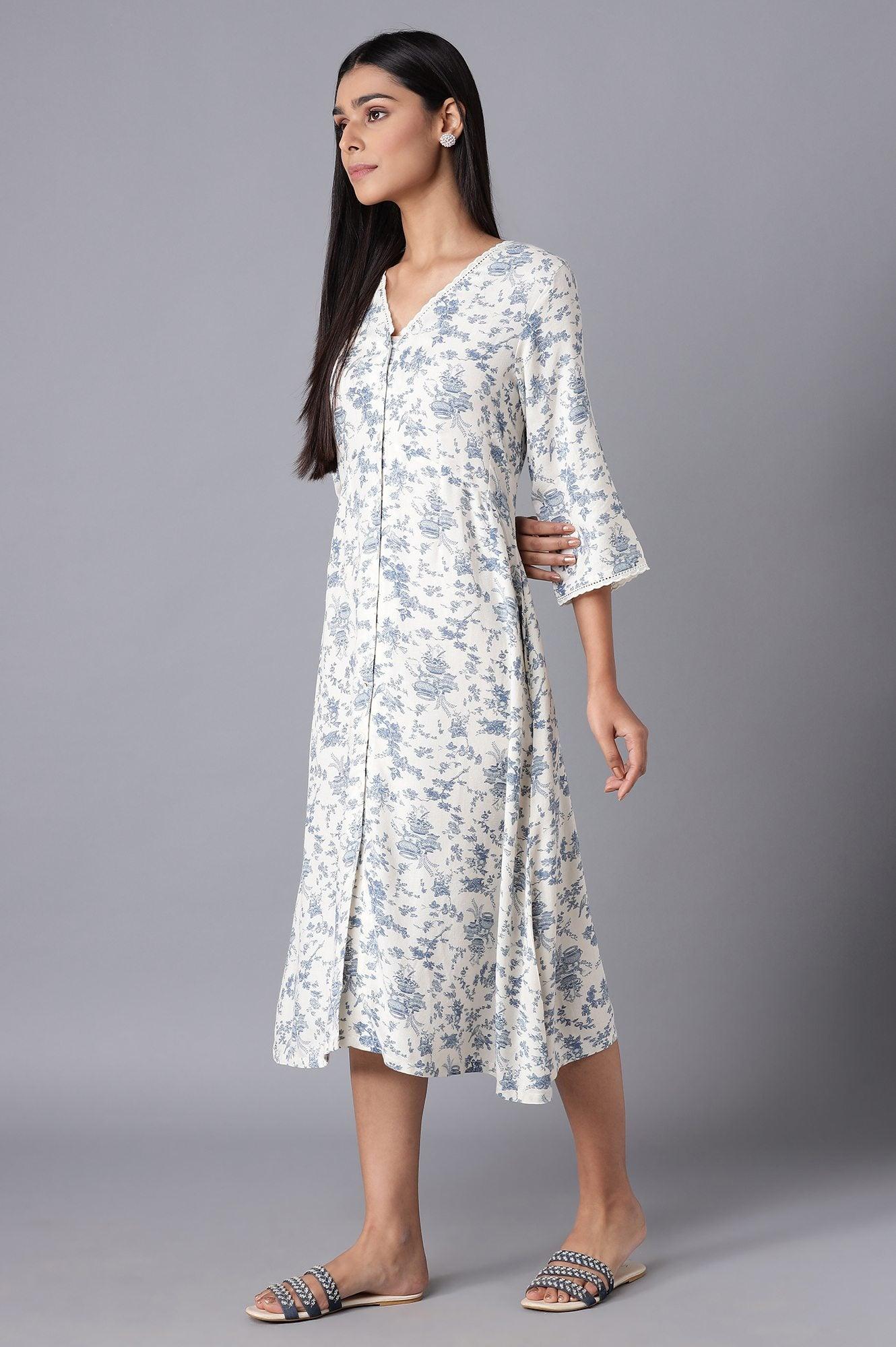 W for Woman White Cotton Midi Dress with Blue Print  Grab2Buy WforWoman Grab2Buy