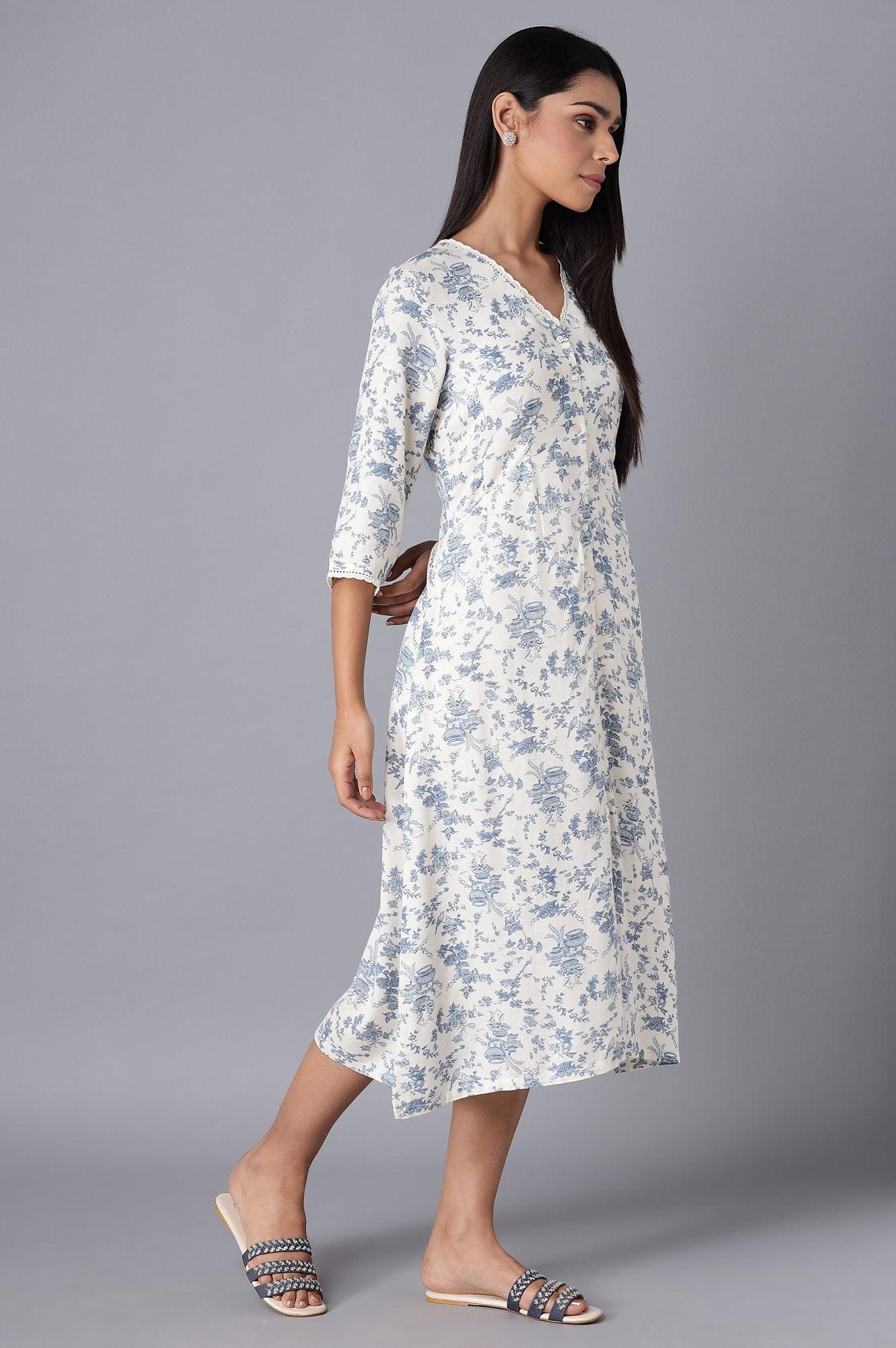 W for Woman White Cotton Midi Dress with Blue Print  Grab2Buy WforWoman Grab2Buy