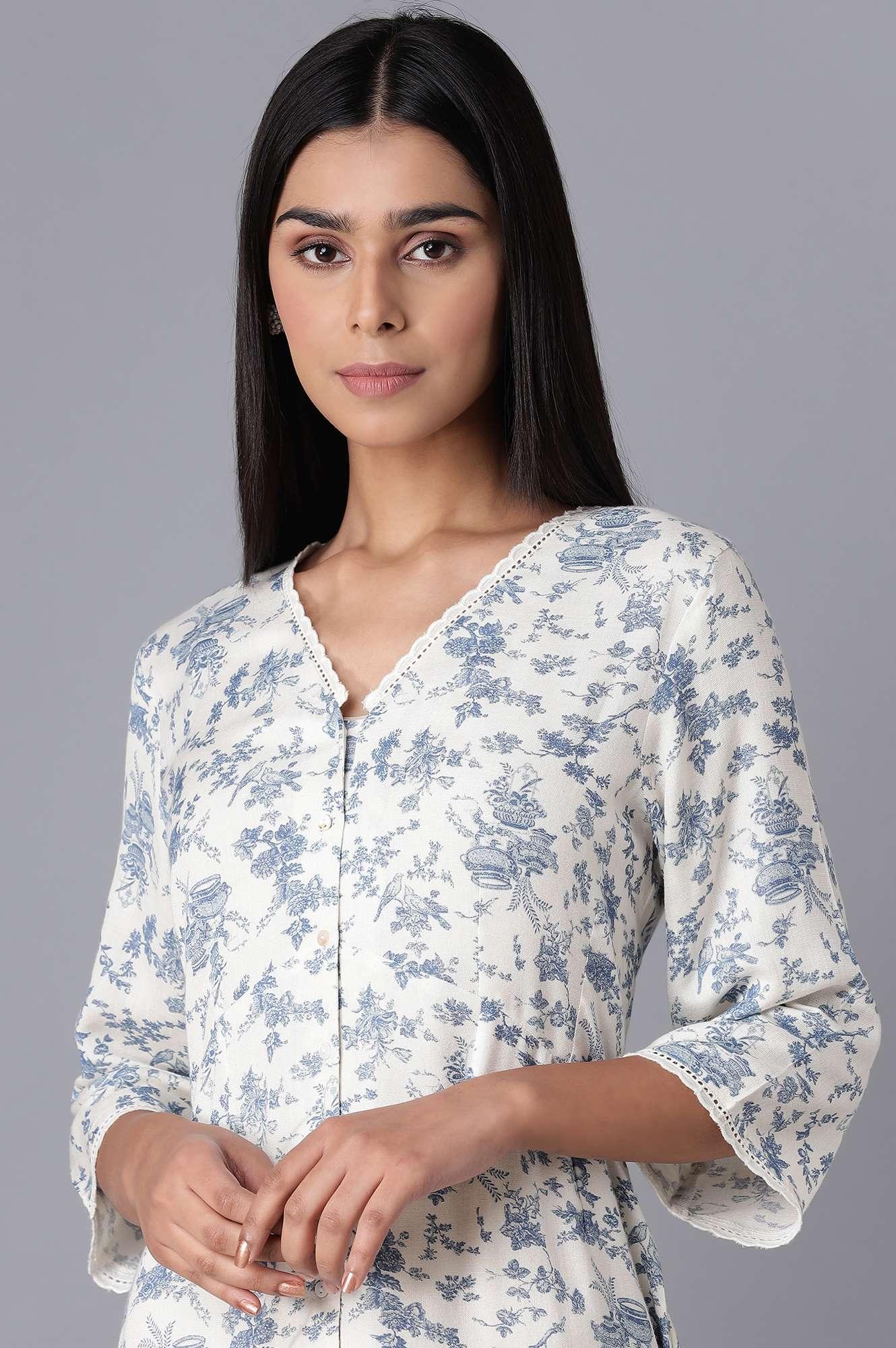 W for Woman White Cotton Midi Dress with Blue Print  Grab2Buy WforWoman Grab2Buy