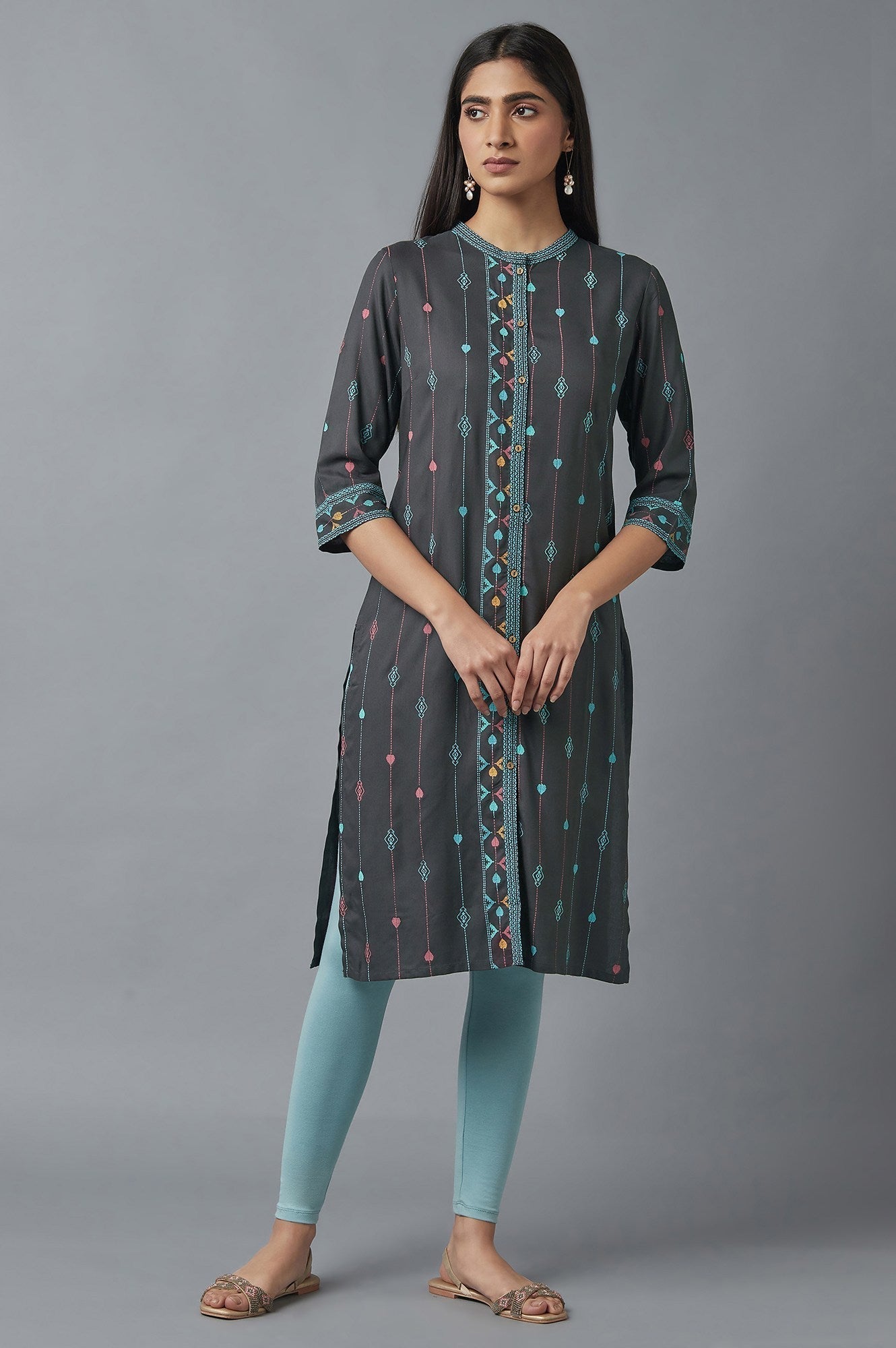 W for Woman Forged Iron Grey Printed kurta