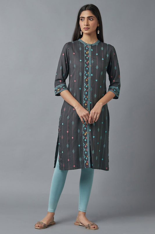 W for Woman Forged Iron Grey Printed kurta