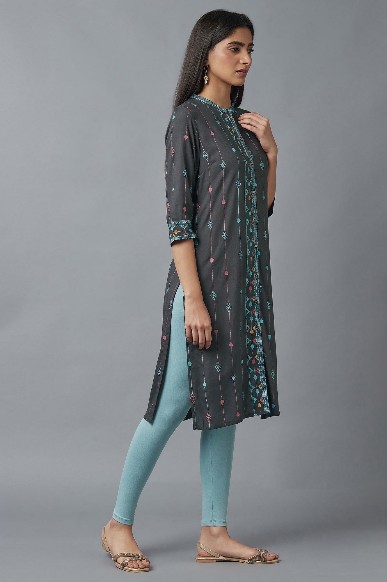 W for Woman Forged Iron Grey Printed kurta