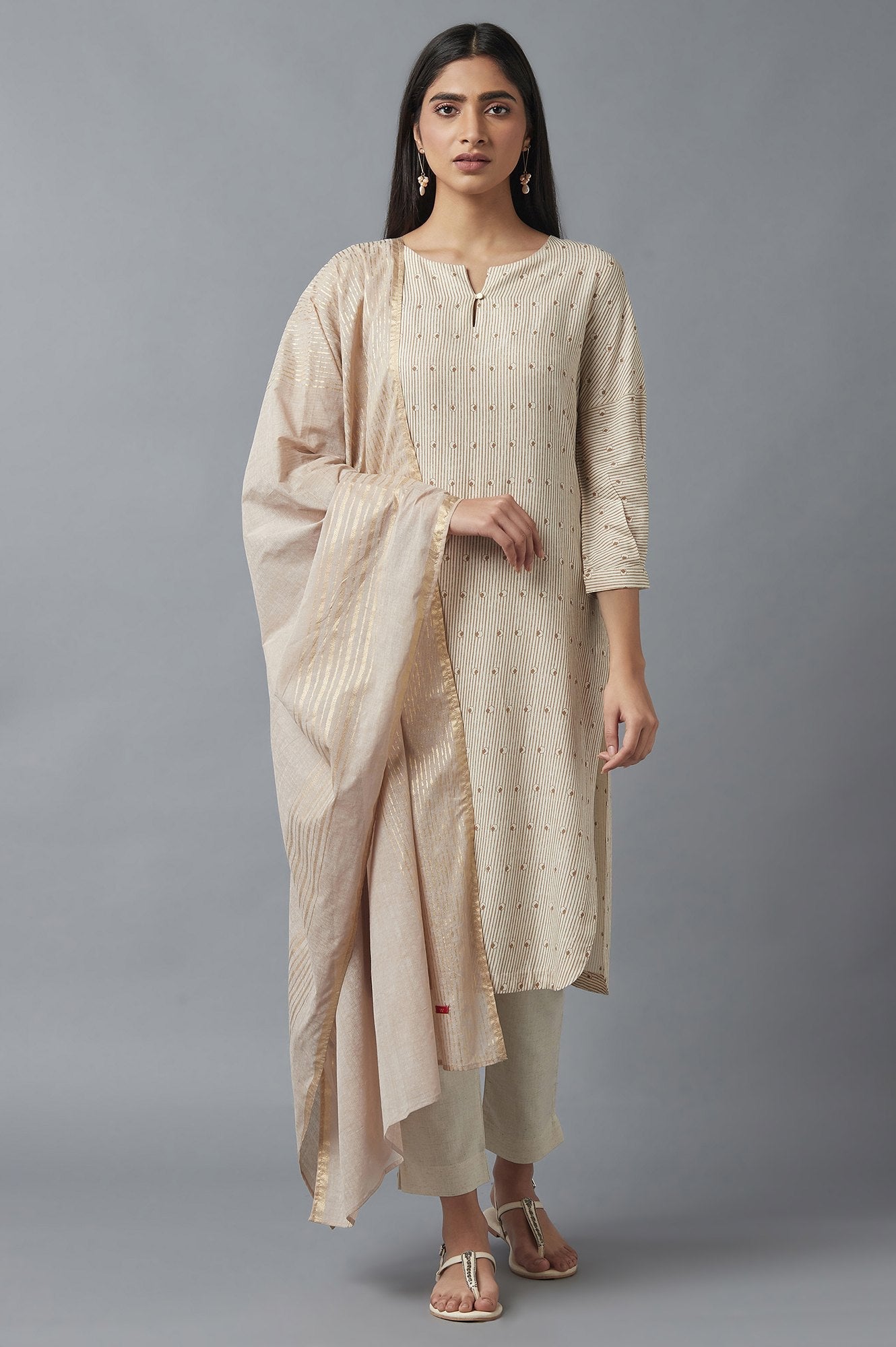 W for Woman Beige Stripe Print kurta