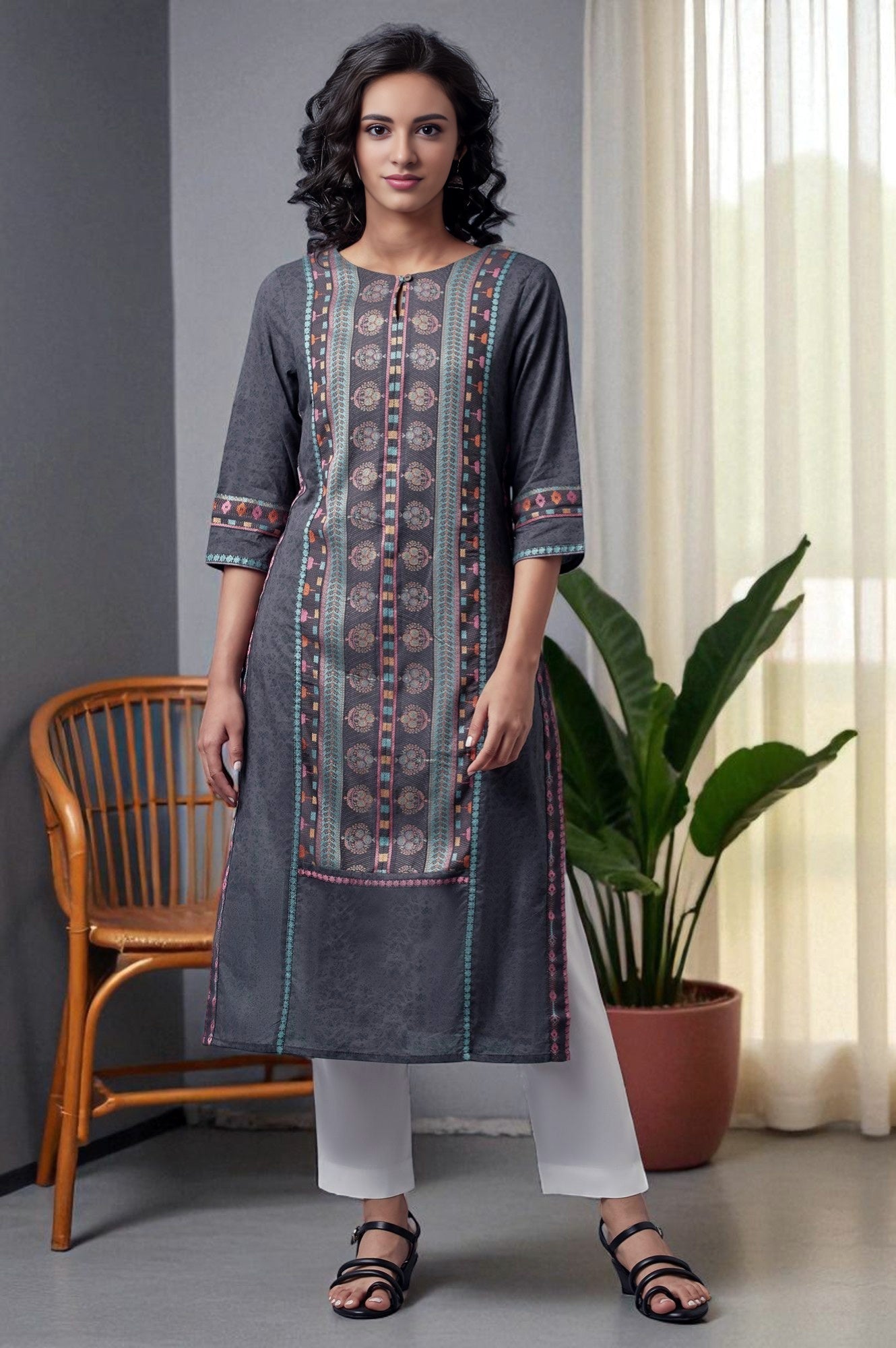 W for Woman Forged Iron Grey Printed kurta