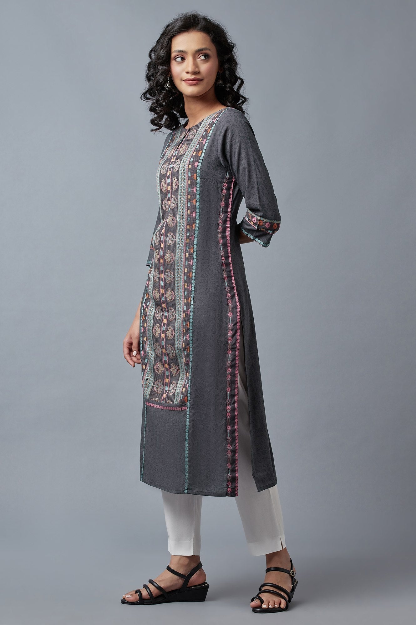 W for Woman Forged Iron Grey Printed kurta