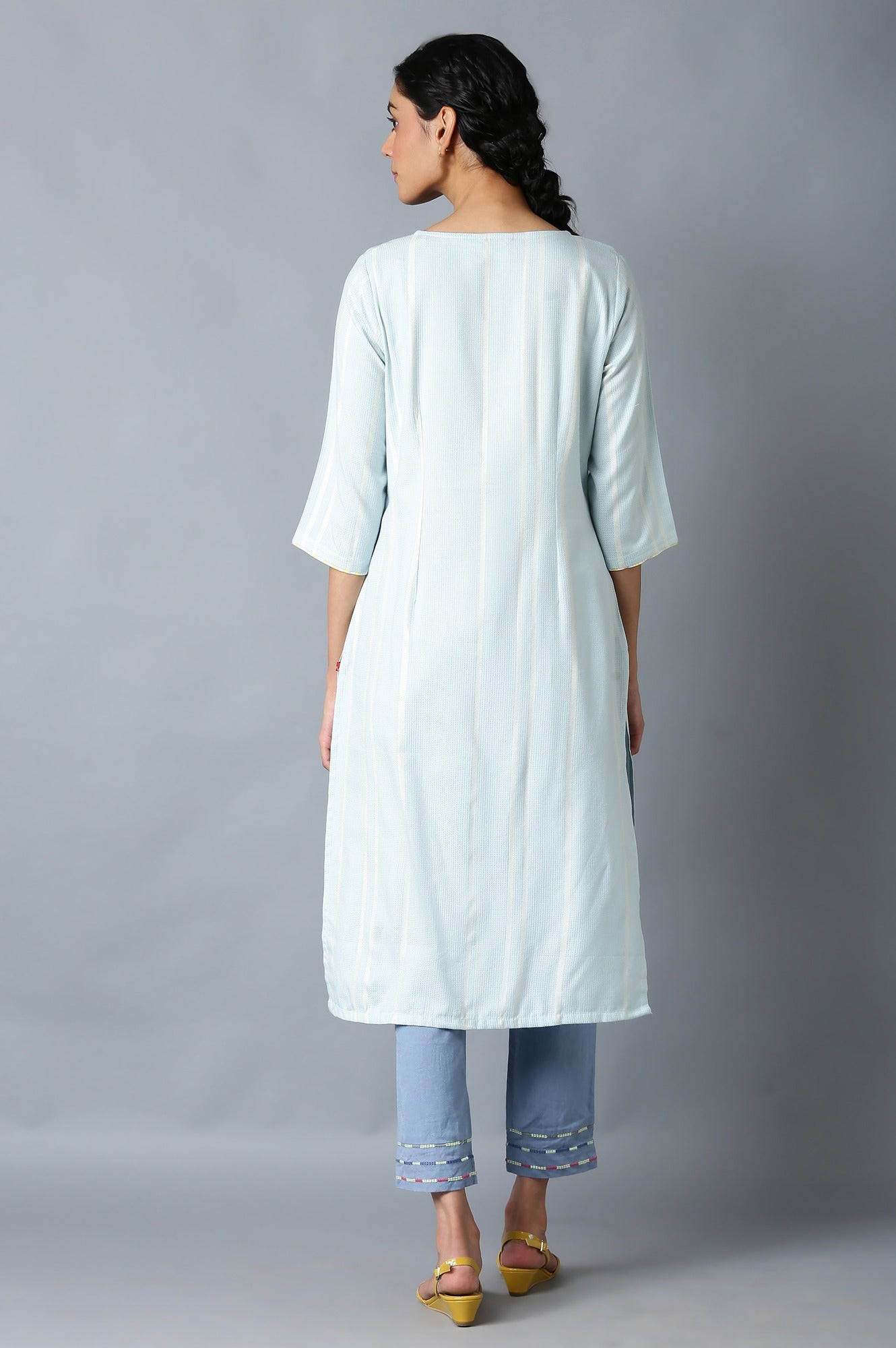 W for Woman Light Blue Geometric Printed Rayon Dobby Straight Kurta with Slim Pant Set
