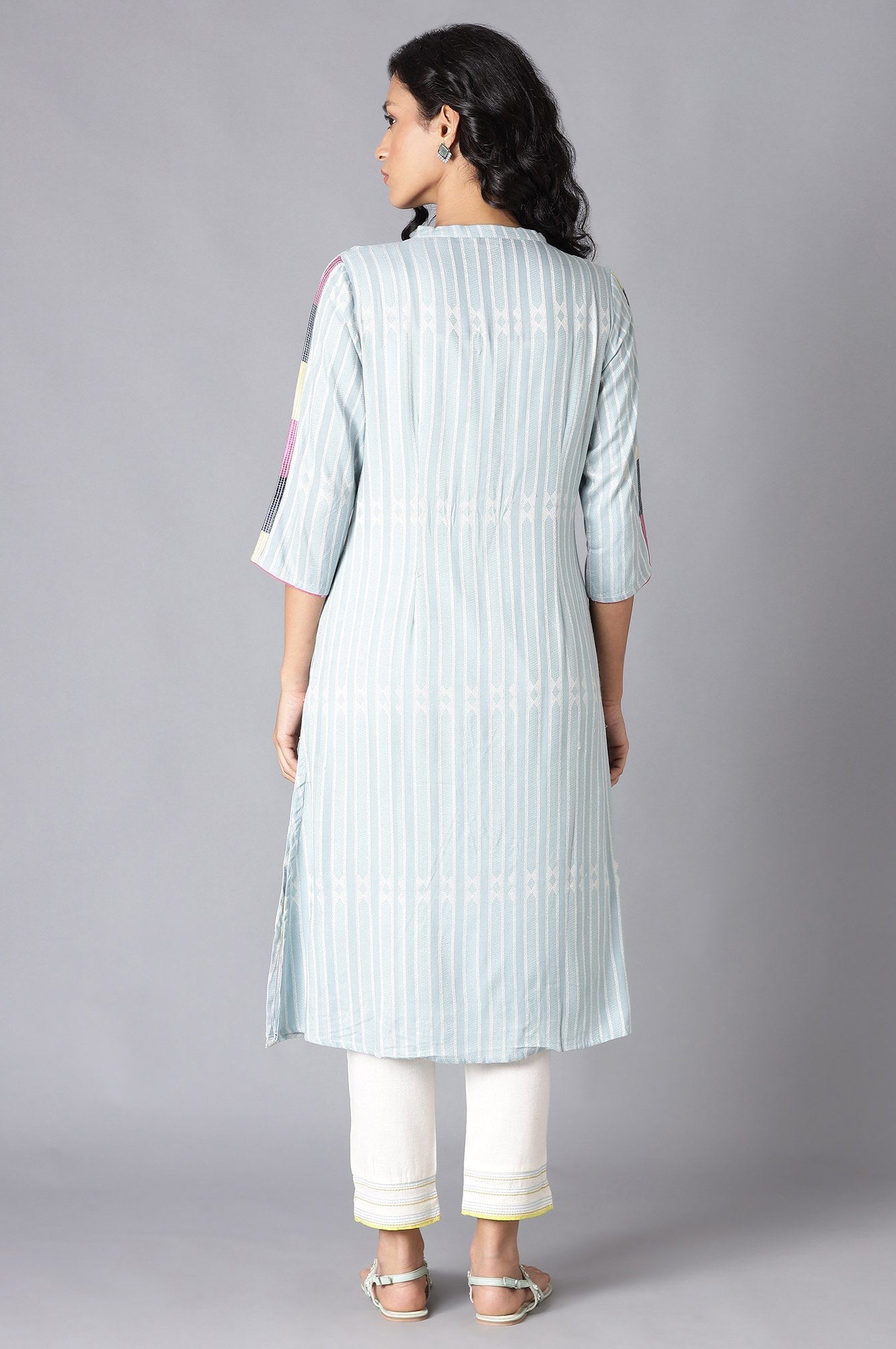 W for Woman Light Blue Geometric Printed Rayon Dobby Straight Kurta with Slim Pant Set