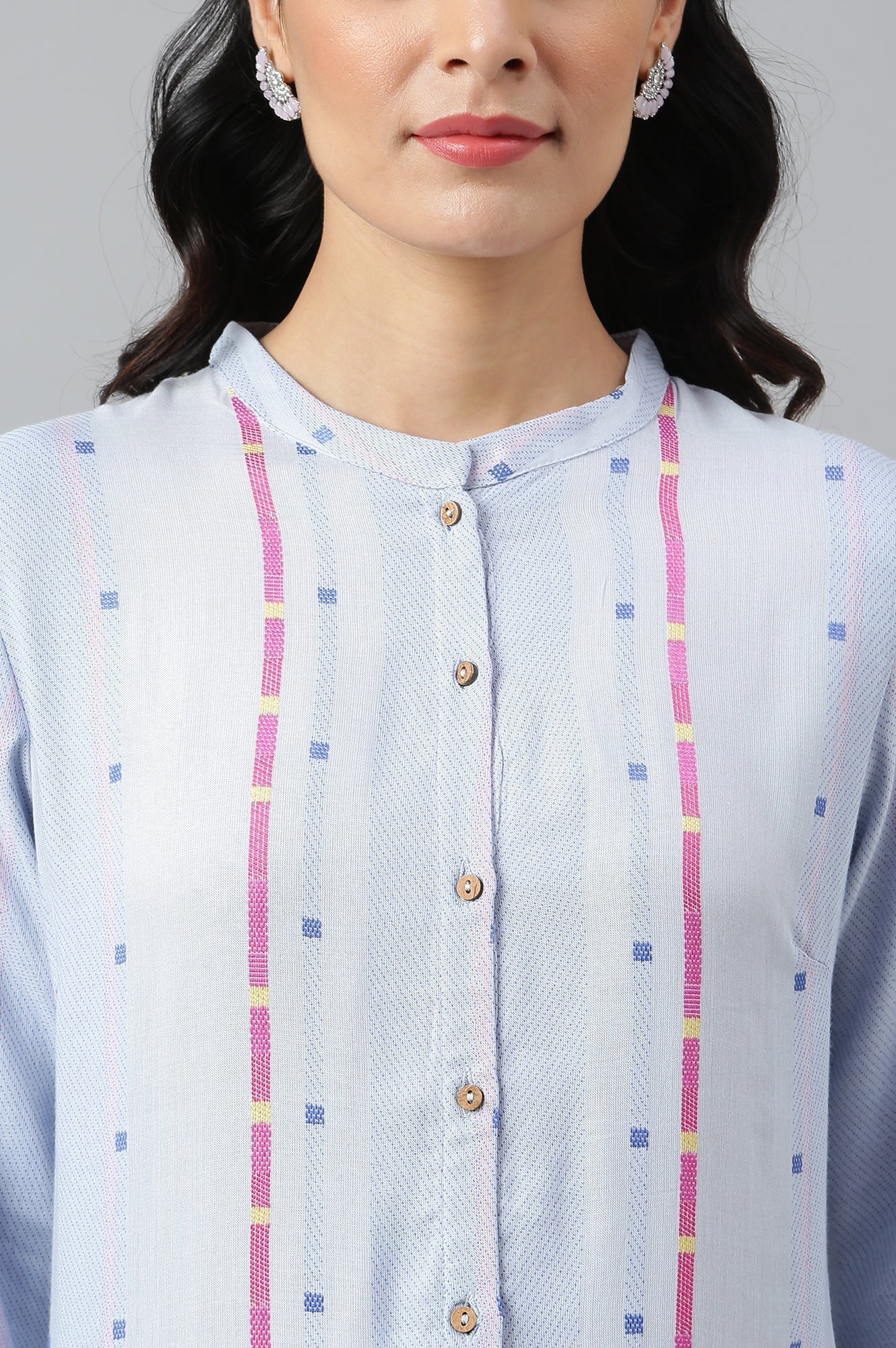 W for Woman Light Blue Geometric Printed Rayon Dobby Straight Kurta with Slim Pant Set