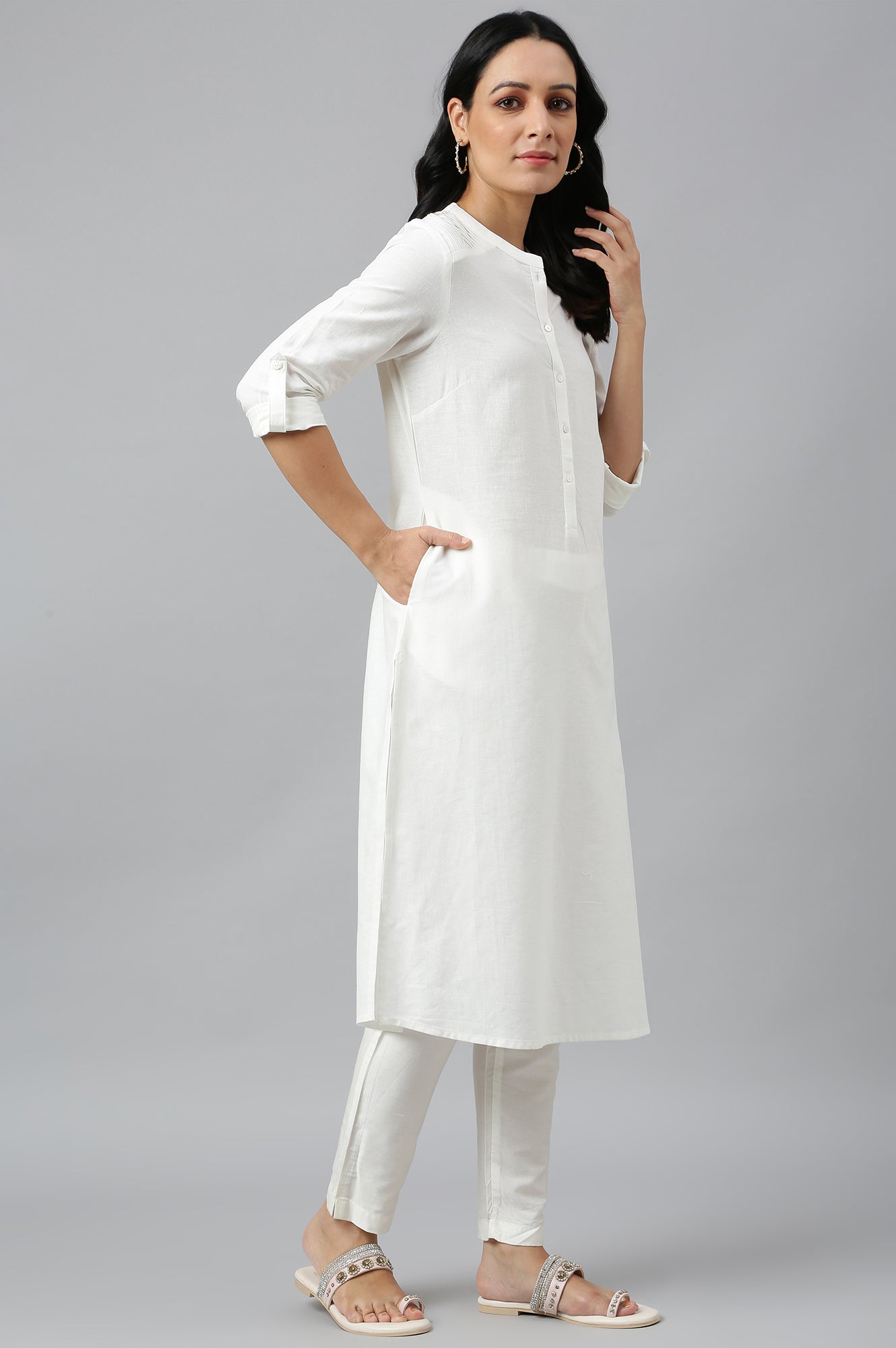 W for Woman Ecru Half Placket Shirt Kurta