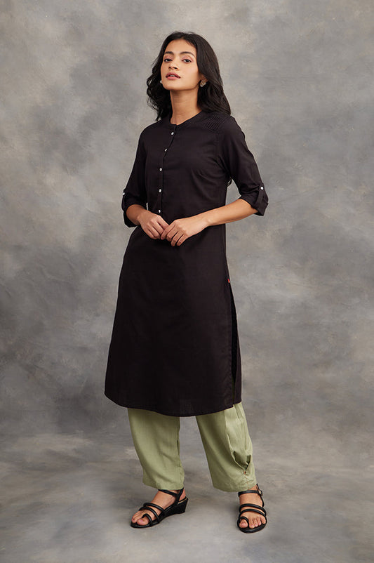 W for Woman Jet Black Half Placket Shirt kurta